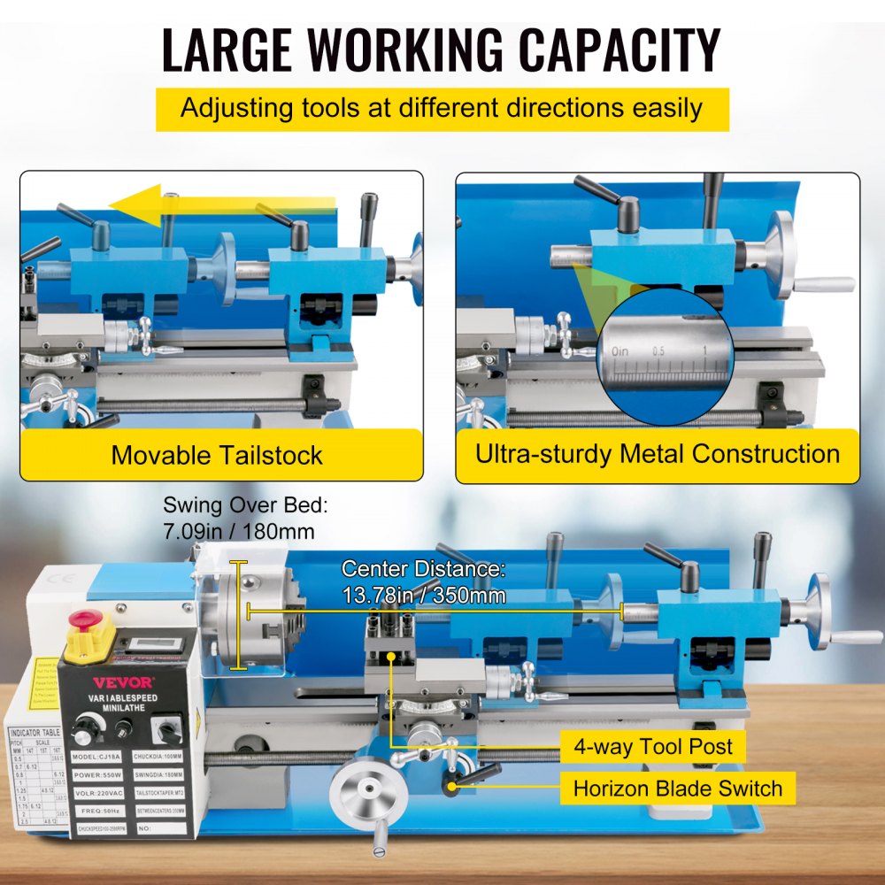 VEVOR Mini Metal Lathe, 180 x 350 mm Benchtop Metal Lathe, 550W Variable Speed 2250RPM Metal Lathe, with 3-jaw Chuck CNC Mini Lathe Machine, Precision Mini Lathe w/Tool Box Digital Display for Metal Turning