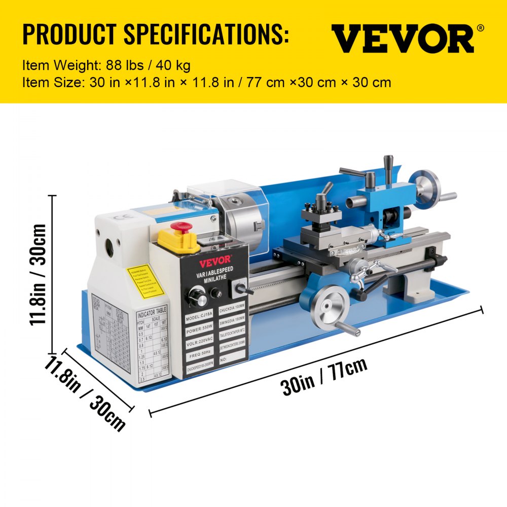 VEVOR Mini Metal Lathe, 180 x 350 mm Benchtop Metal Lathe, 550W Variable Speed 2250RPM Metal Lathe, with 3-jaw Chuck CNC Mini Lathe Machine, Precision Mini Lathe w/Tool Box Digital Display for Metal Turning
