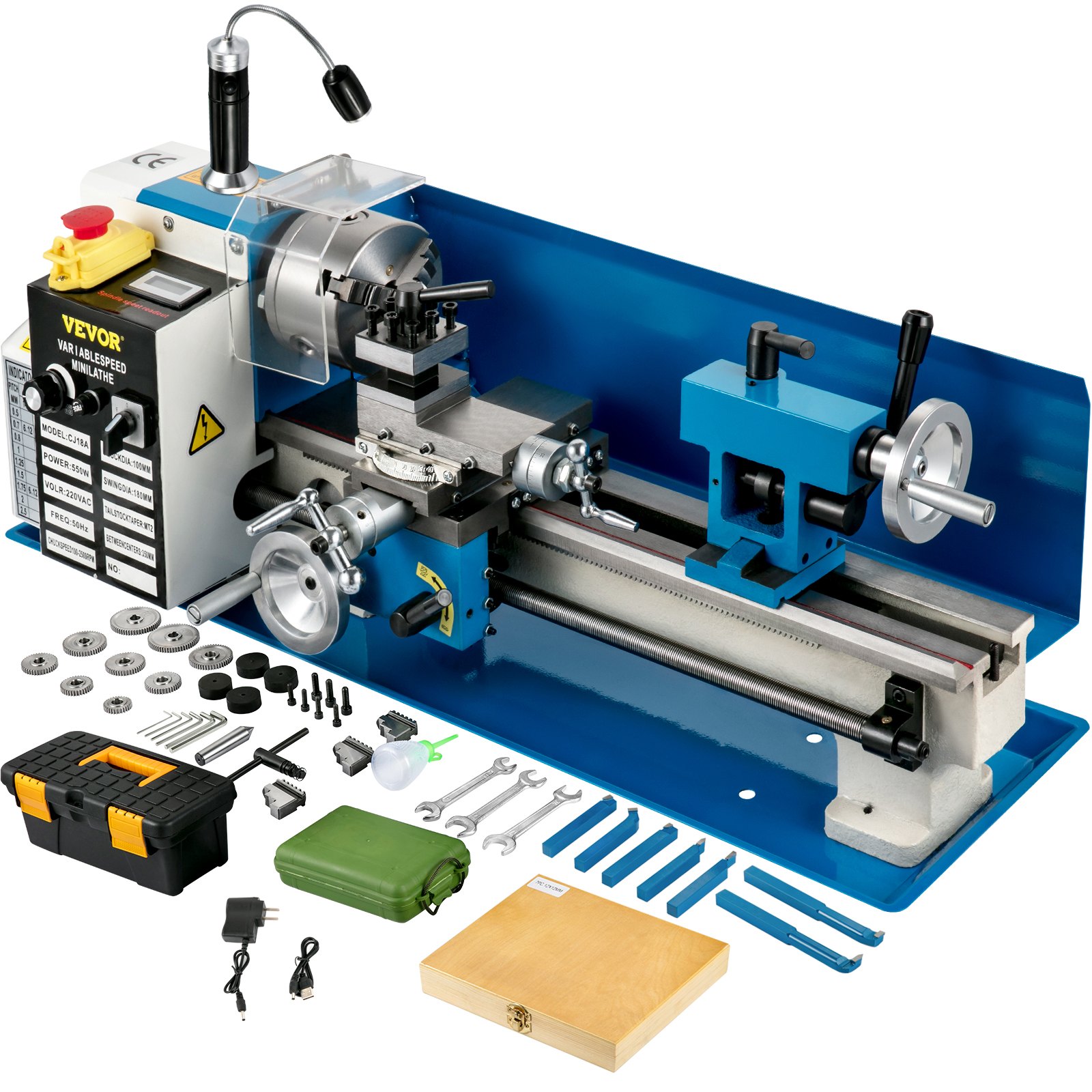 VEVOR Mini Metal Lathe, 180 x 350 mm Benchtop Metal Lathe, 550W Variable Speed 2250RPM Metal Lathe, with 3-jaw Chuck CNC Mini Lathe Machine, Precision Mini Lathe w/Tool Box Digital Display for Metal Turning