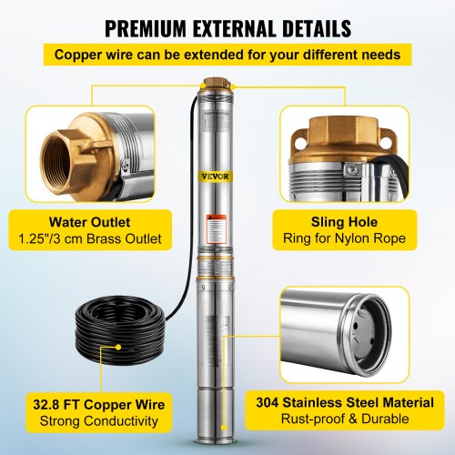 VEVOR Well Pump 1 HP Submersible Well Pump 33GPM Deep Well Pump 207ft Head with 9.8ft Cable Water Well Pumps Submersible Stainless Steel for Factories, Farmland, Irrigation Use