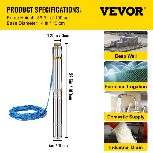 VEVOR Well Pump 1 HP, Submersible Well Pump 220V, Stainless Steel Deep Well Pump with 65.6 ft/20 m Cable, 25GPM Stainless Steel Deep Well Pump for Cities Farmland Irrigation and Home Use