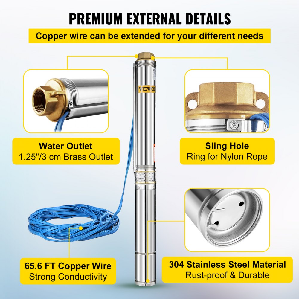 VEVOR Well Pump 1 HP, Submersible Well Pump 220V, Stainless Steel Deep Well Pump with 65.6 ft/20 m Cable, 25GPM Stainless Steel Deep Well Pump for Cities Farmland Irrigation and Home Use