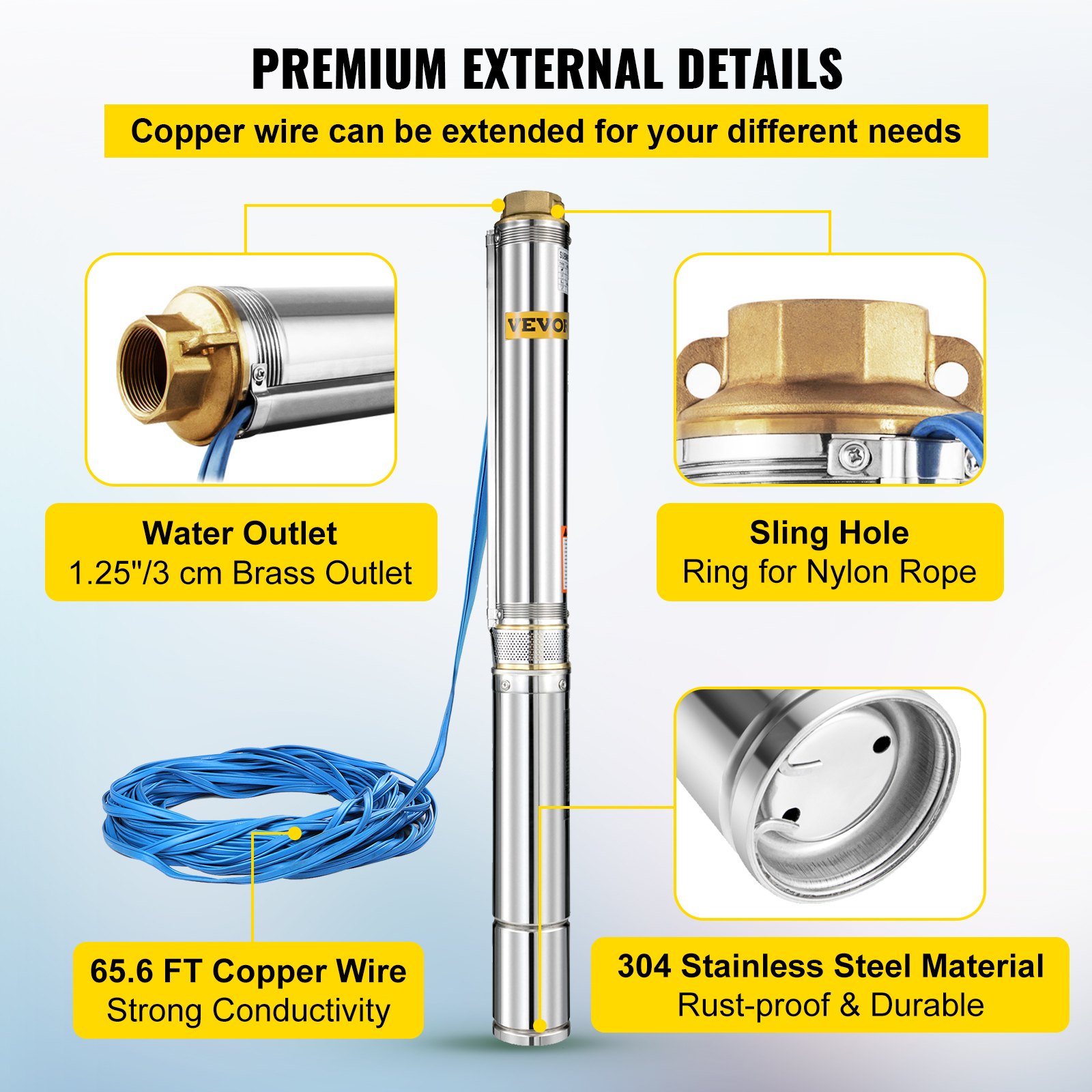 VEVOR Well Pump 1 HP, Submersible Well Pump 220V, Stainless Steel Deep Well Pump with 65.6 ft/20 m Cable, 25GPM Stainless Steel Deep Well Pump for Cities Farmland Irrigation and Home Use