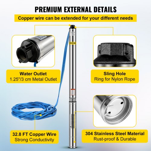VEVOR Well Pump 3 HP, Submersible Well Pump 220V, Stainless Steel Deep Well Pump with 32.8 ft/10 m Cable, 42GPM Stainless Steel Deep Well Pump for Cities Farmland Irrigation and Home Use