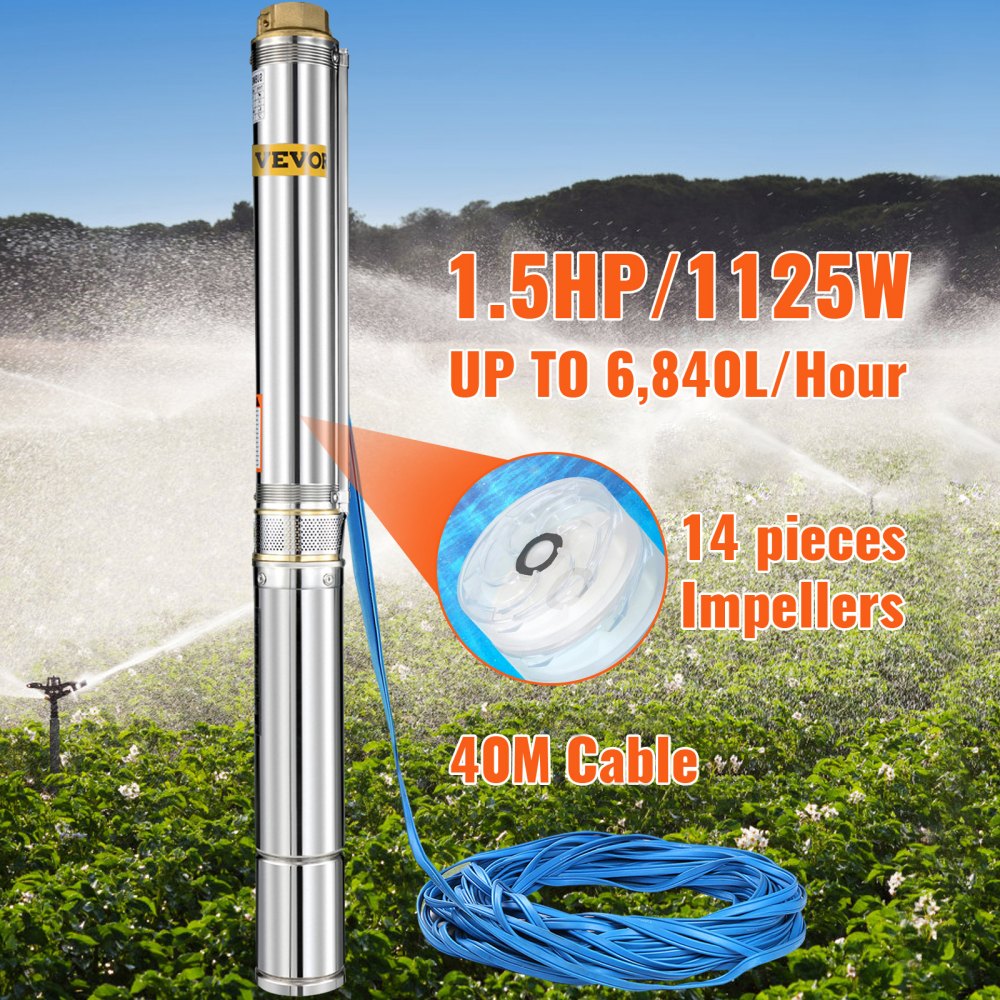 VEVOR Deep Well Submersible Pump, 1.5HP/1100W 240V/50Hz, 114L/min Flow 104 m Head, with 40 m Cable & External Control Box, 10.2 cm Stainless Steel Water Pumps for Industrial, Irrigation and Home Use