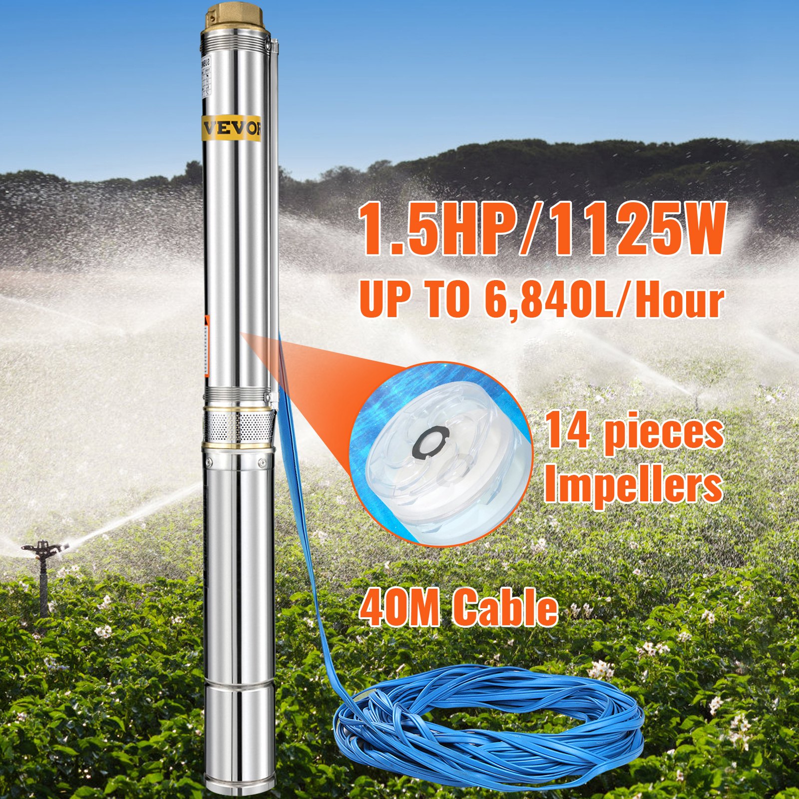 VEVOR Deep Well Submersible Pump, 1.5HP/1100W 240V/50Hz, 114L/min Flow 104 m Head, with 40 m Cable & External Control Box, 10.2 cm Stainless Steel Water Pumps for Industrial, Irrigation and Home Use