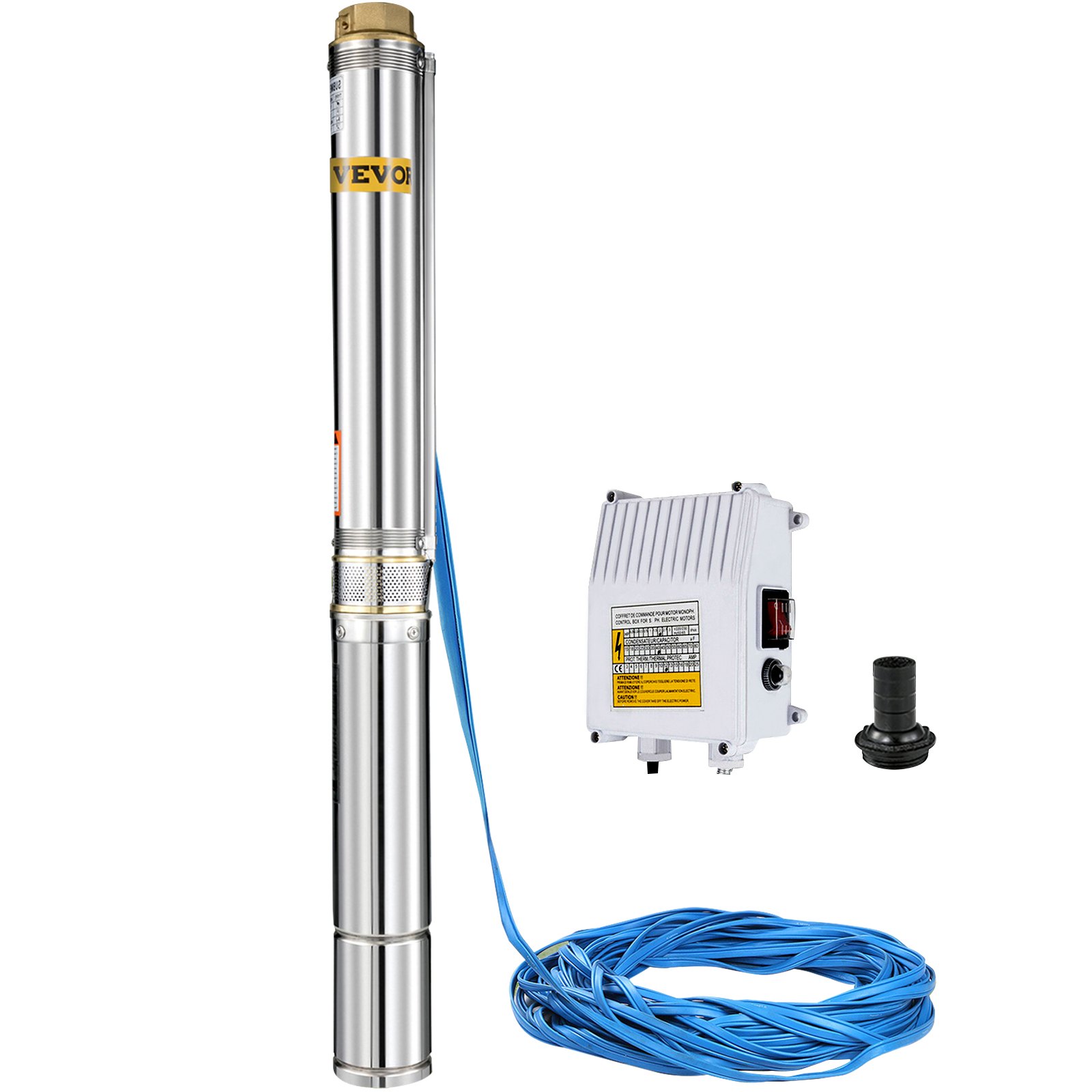 VEVOR Deep Well Submersible Pump, 1.5HP/1100W 240V/50Hz, 114L/min Flow 104 m Head, with 40 m Cable & External Control Box, 10.2 cm Stainless Steel Water Pumps for Industrial, Irrigation and Home Use