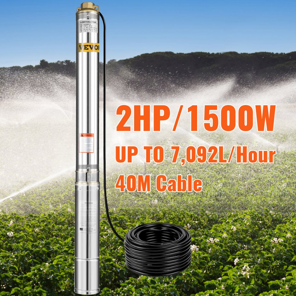 VEVOR Deep Well Submersible Pump, 2HP/1500W 220V/50Hz, 118.2L/min Flow 135 m Head, with 40 m Cable & External Control Box, 10.2 cm Stainless Steel Water Pumps for Industrial, Irrigation and Home Use