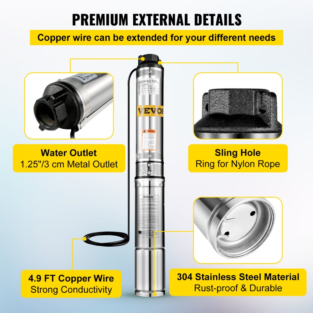 VEVOR Deep Well Submersible Pump 4" 0.5 HP 341' Max 131ft Cable w/Control Box