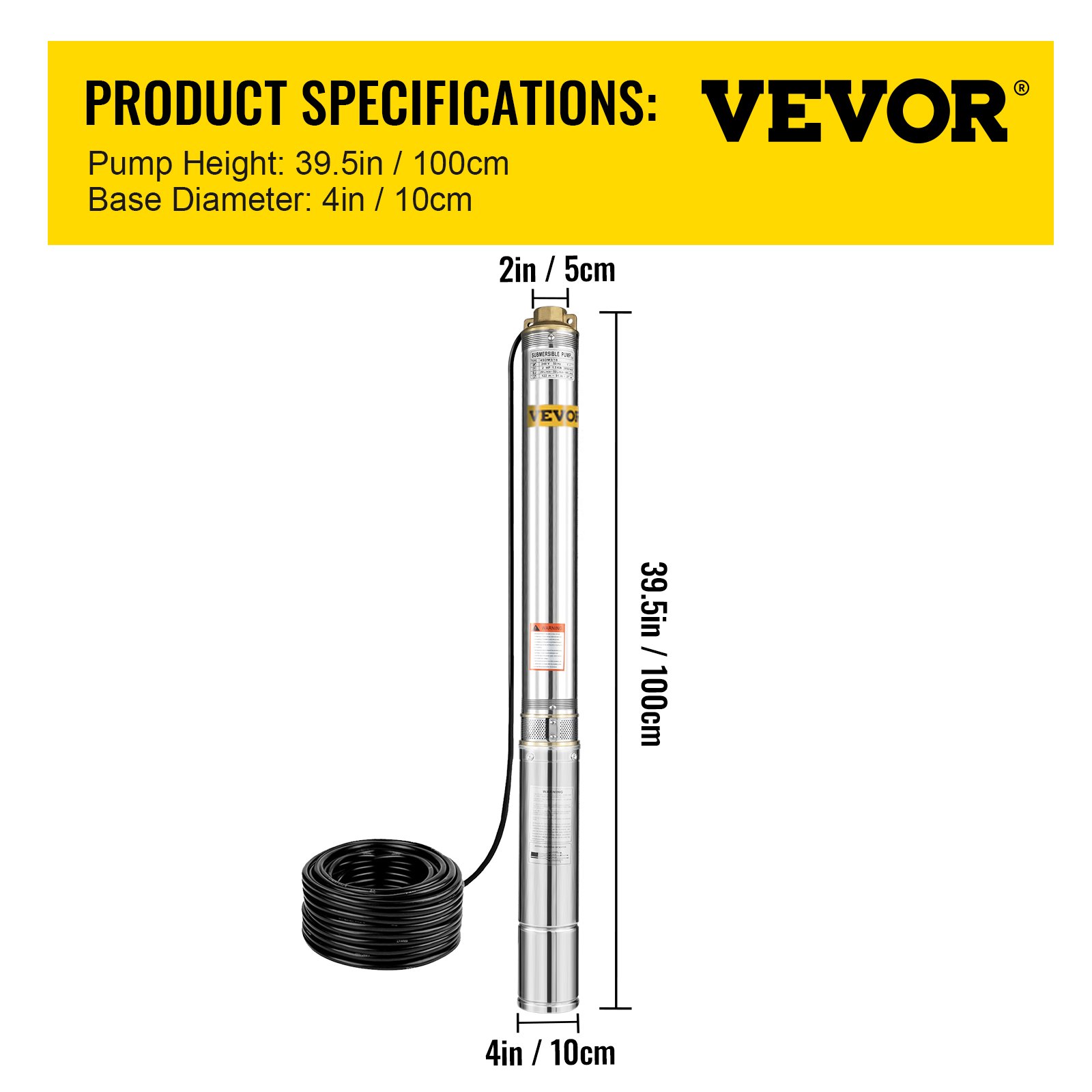 VEVOR Deep Well Pump, 1.5 hp 110V 50 Hz, Submersible Durable Stainless Steel, 1.5" Water Outlet w/131 FT Cable Wire & Control Box, for Farmland Irrigation, Domestic Supply, Deep/Shadow Well