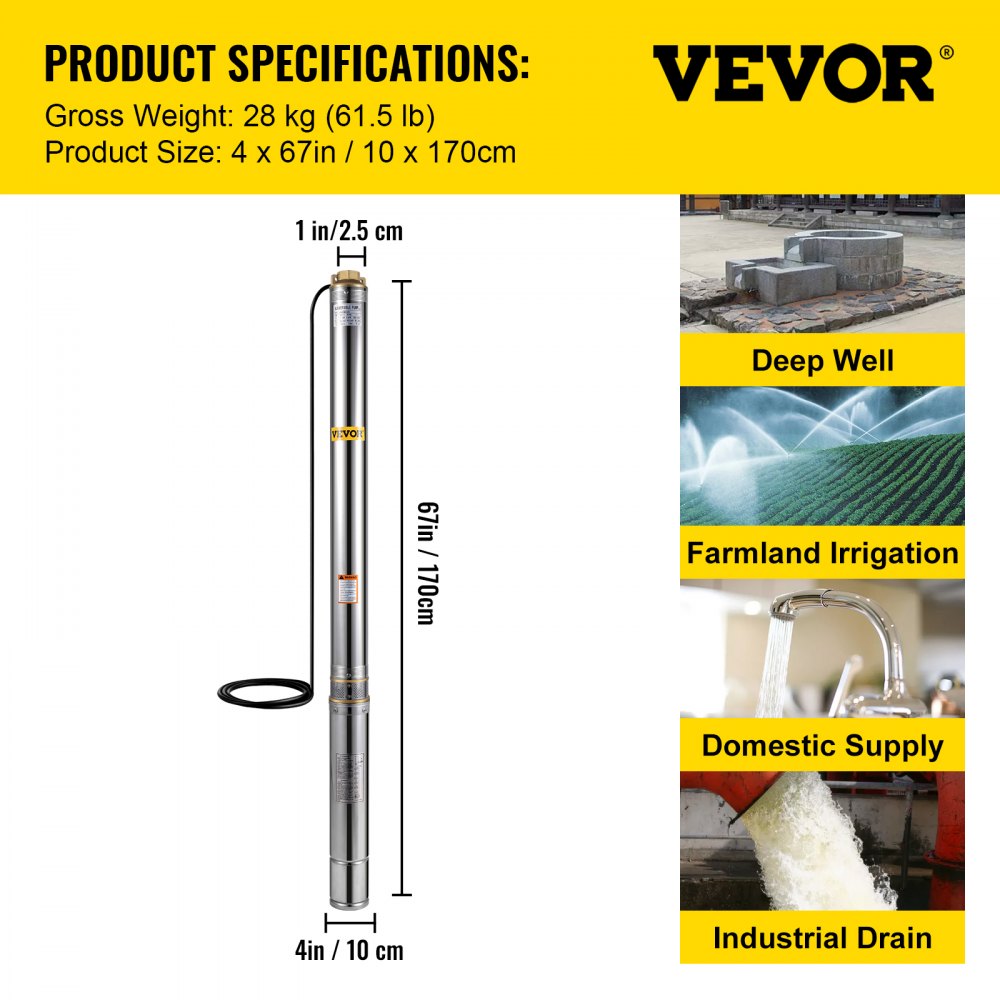 Bomba de pozo sumergible VEVOR, bomba de pozo profundo de 4 HP, bomba sumergible de pozo profundo de 4 ", cabeza de 855 pies, 22 GPM, bomba de agua sumergible de acero inoxidable con cable de 6.5 pies, 220 V, adecuada para fábrica, tierras de cultivo, riego