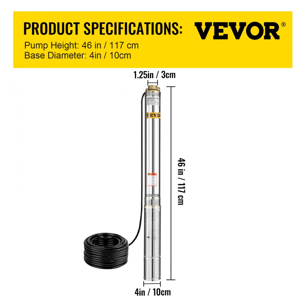 VEVOR Deep Well Pump, 2 hp 220V 50 Hz, Submersible Durable Stainless Steel, 1.5" Water Outlet w/131 FT Cable Wire & Control Box, for Farmland Irrigation, Domestic Supply, Deep/Shadow Well