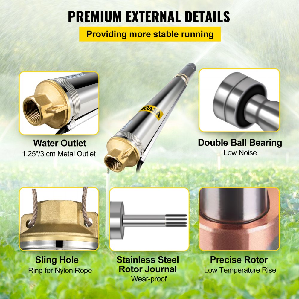 VEVOR Deep Well Pump, 2 hp 220V 50 Hz, Submersible Durable Stainless Steel, 1.5" Water Outlet w/131 FT Cable Wire & Control Box, for Farmland Irrigation, Domestic Supply, Deep/Shadow Well