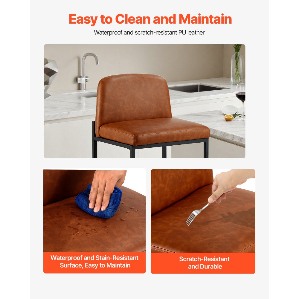 VEVOR Barstolsæt med 4, 68 cm barstole i barhøjde, moderne barstol i PU-læder med ryglæn, metalben, nem montering, armløs barstol, barø til køkken, spisestue, brun