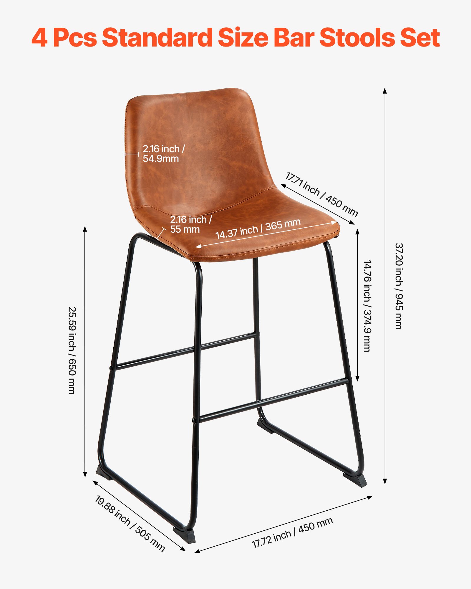 Sada 4 barových židlí VEVOR, barová židle s výškou 65 cm, moderní barová židle z umělé kůže s opěradlem, kovové nohy, snadná montáž, bezpodručková barová židle, ostrůvková barová židle do kuchyně, jídelny, hnědá