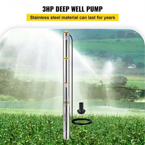 VEVOR Deep Well Submersible Water Pump, 3 hp 220V 50 Hz, Stainless Steel w/5 FT Cable Wire, 1.25" Water Outlet, 42 GPM & 630 Ft Head for Farmland Irrigation and Factories
