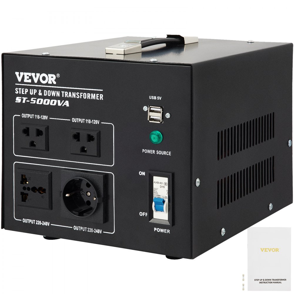 VEVOR Transformateur convertisseur de tension 5 000 W très résistant (240 V à 110 V, 110 V à 240 V), 2 prises universelles US, 1 UK et 1 avec protection contre les coupures de circuit, port USB 5 V, certifié CE