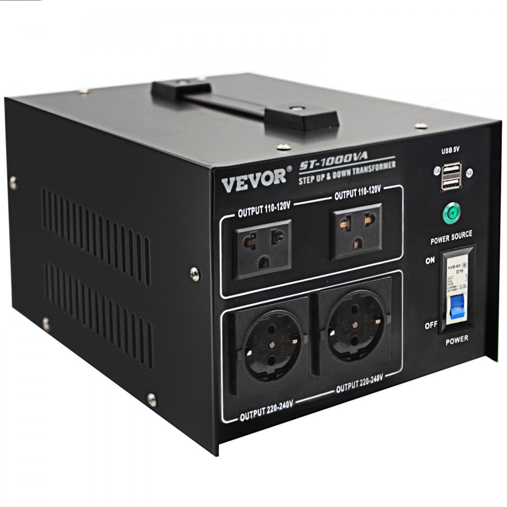 VEVOR Voltage Converter Transformer,1000W Heavy Duty Step Up/Down Transformer Converter(240V to 110V, 110V to 240V),2 US&1 UK&1 Universal Outlet with Circuit Break Protection,5V USB Port,CE Certified