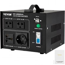 VEVOR Voltage Converter Transformer,1000W Heavy Duty Step Up/Down Transformer Converter(240V to 110V, 110V to 240V),2 US&1 UK&1 Universal Outlet with Circuit Break Protection,5V USB Port,CE Certified