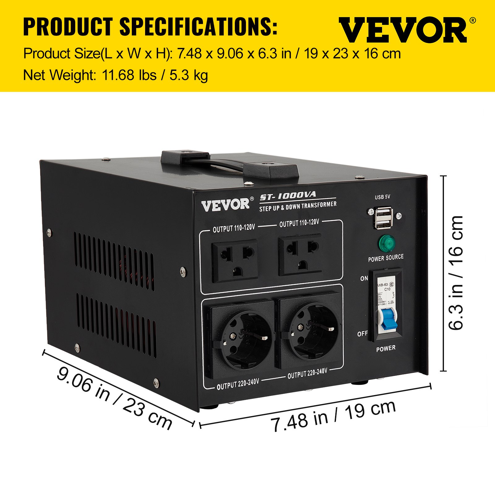 VEVOR Voltage Converter Transformer,1000W Heavy Duty Step Up/Down Transformer Converter(240V to 110V, 110V to 240V),2 US&1 UK&1 Universal Outlet with Circuit Break Protection,5V USB Port,CE Certified