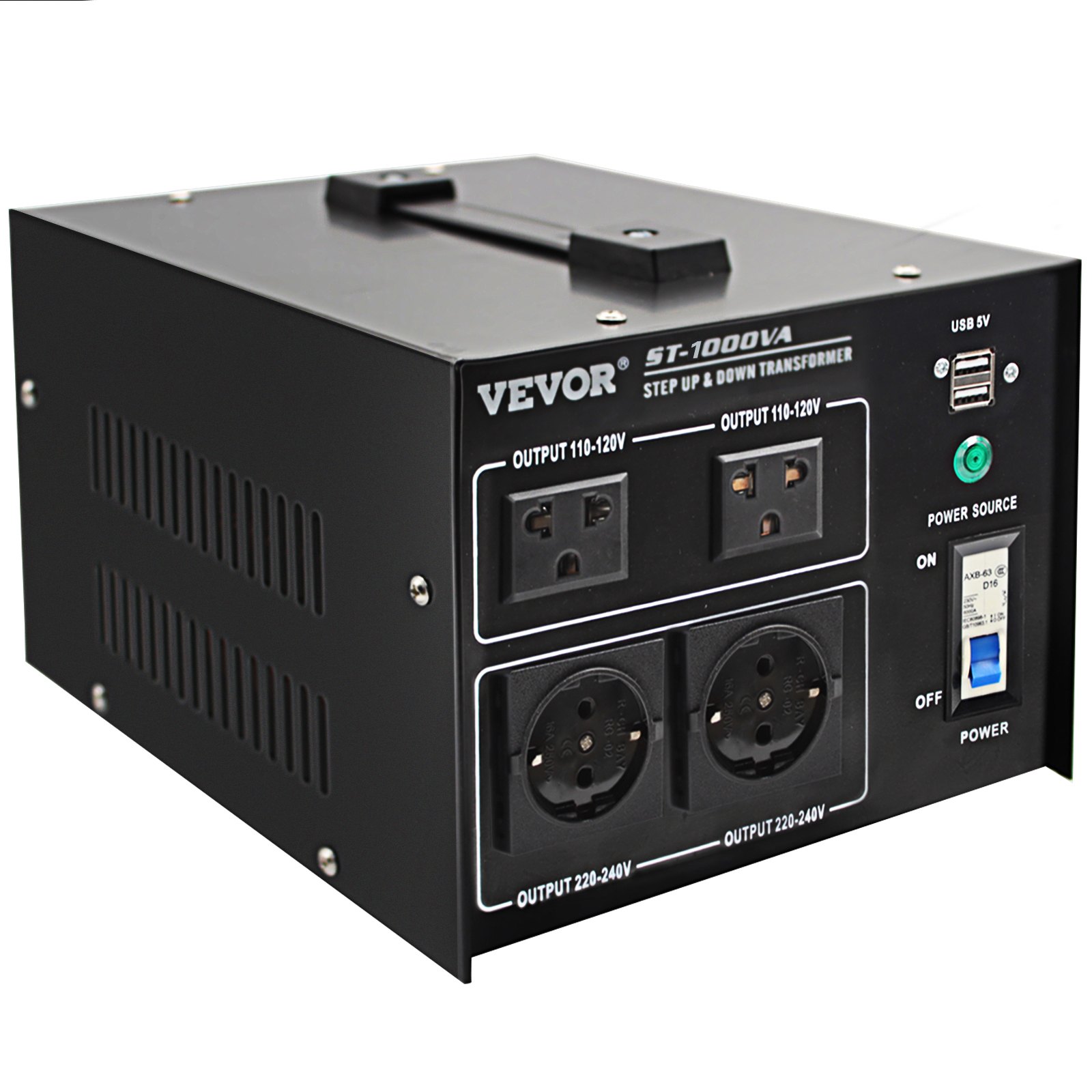 VEVOR Voltage Converter Transformer,1000W Heavy Duty Step Up/Down Transformer Converter(240V to 110V, 110V to 240V),2 US&1 UK&1 Universal Outlet with Circuit Break Protection,5V USB Port,CE Certified