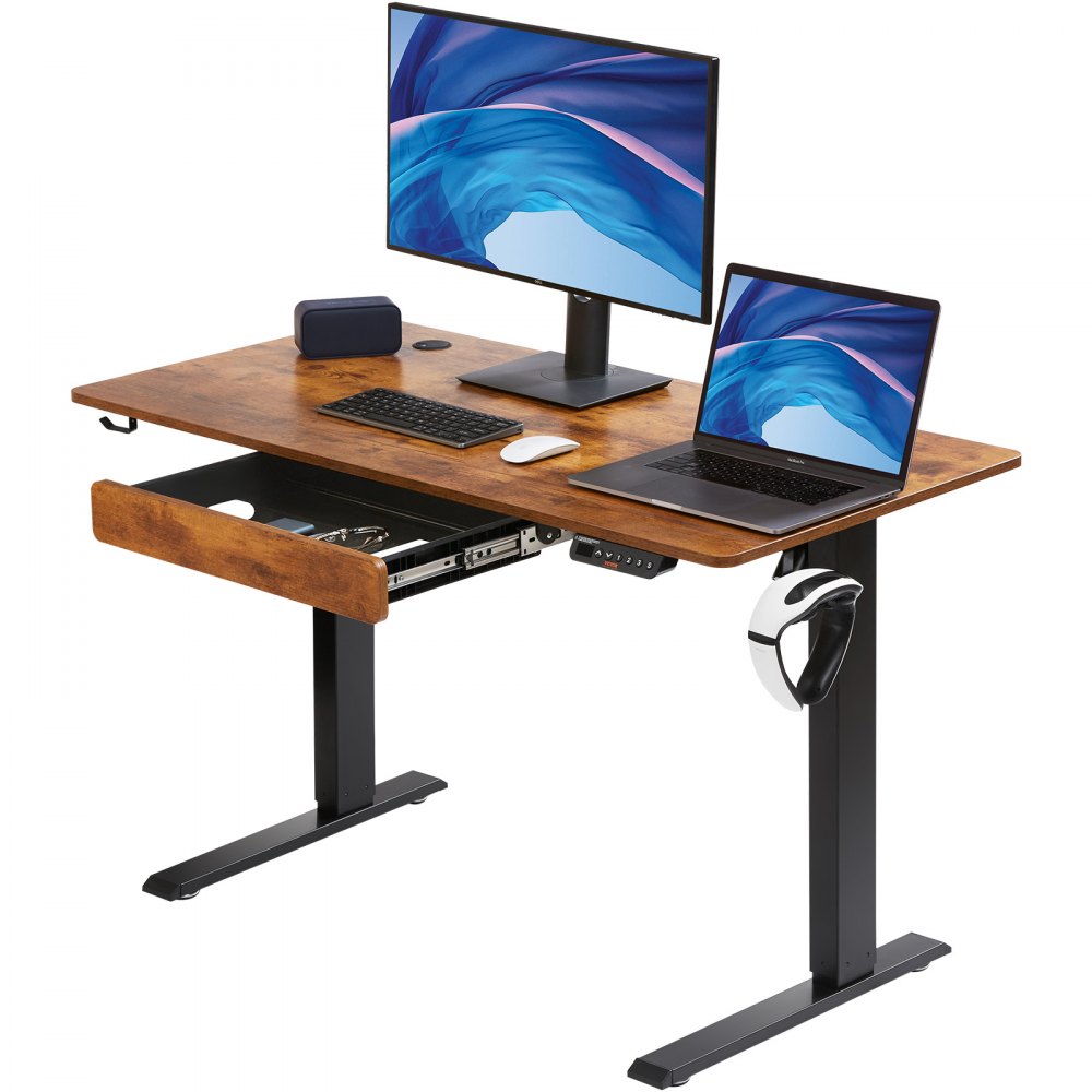 VEVOR állítható magasságú íróasztal, 47,2 x 23,6 hüvelyk fiókkal, 3 gombos üzemmódú elektromos állóasztal, egész darabos íróasztal, kettős fémkeret, 180 LBS kapacitású számítógépes ülőasztal, otthoni és irodai használatra