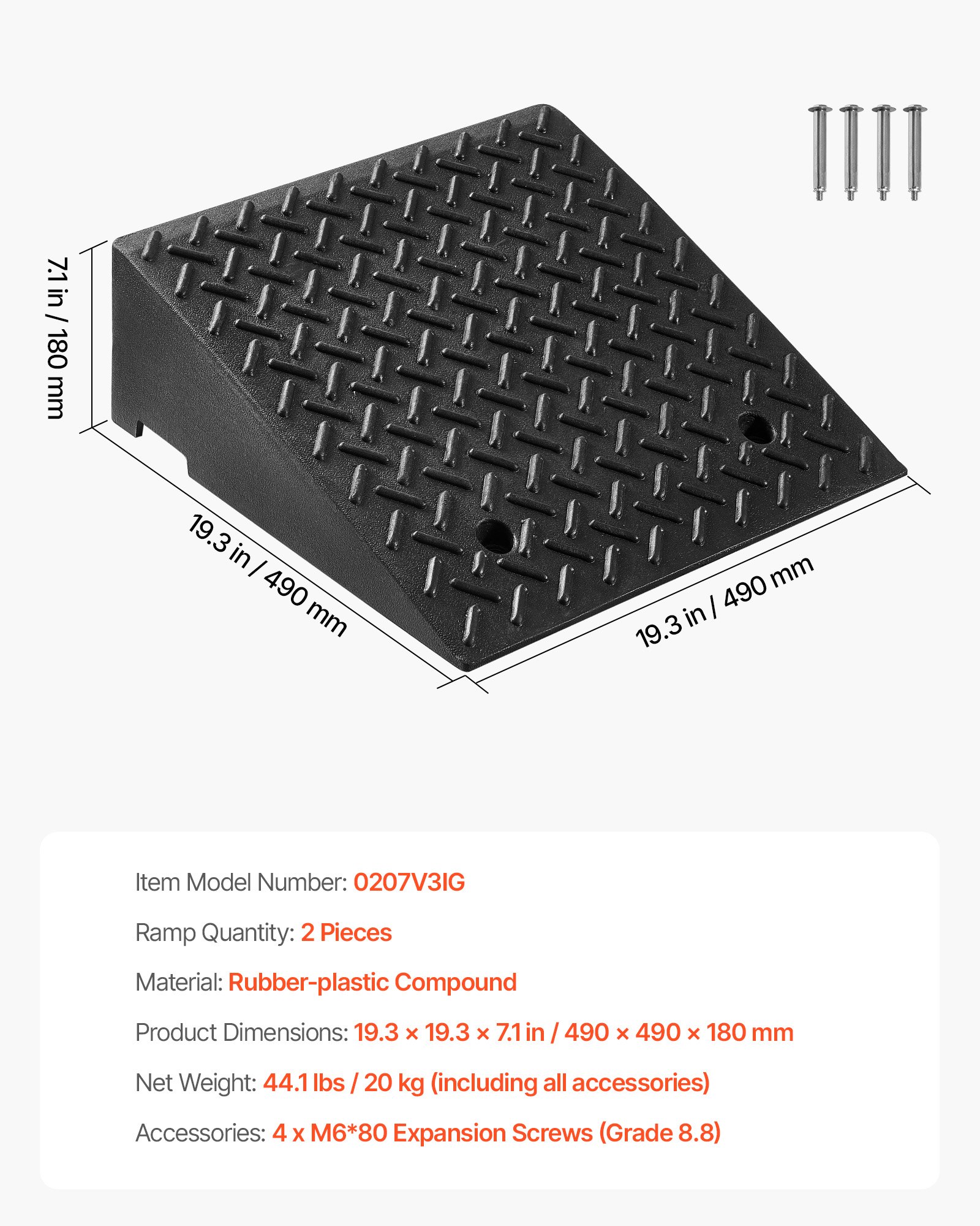 VEVOR Driveway Curb Ramp, 3.175 Tons Load Capacity, 17.8 cm Rise Height Heavy Duty Curbside Bridge Ramp with Drainage Tank for Wheelchairs, Strollers, Motorcycles, Cars, Lawn Mowers & Trailers, 2 Pack