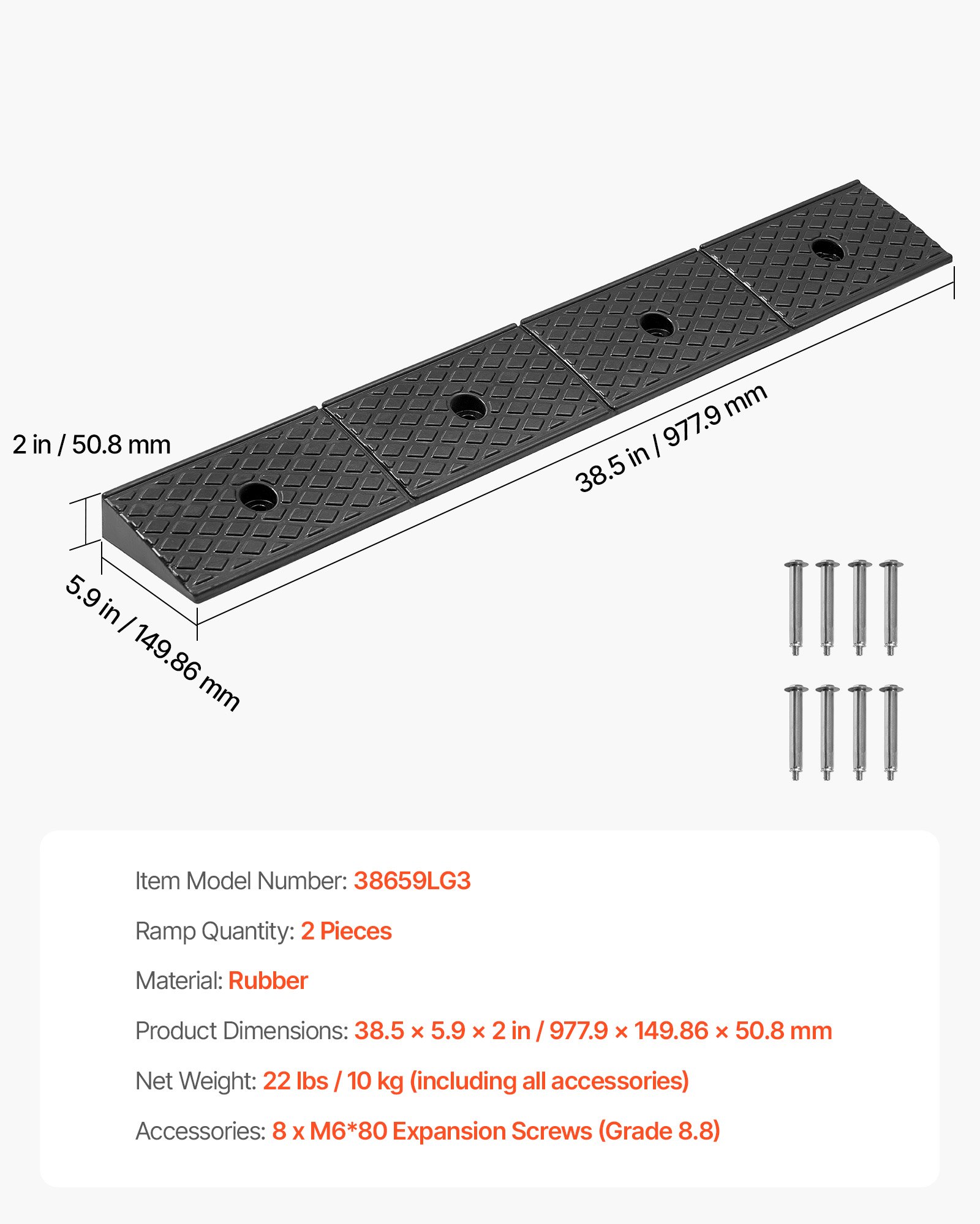 VEVOR Rubber Curb Ramp, 15 Tons Load Capacity, 50.8 mm Rise Height Heavy Duty Rubber Threshold Ramp with Drainage Tank for Wheelchairs, Strollers, Motorcycles, Cars, Lawn Mowers & Trailers, 2 Pack