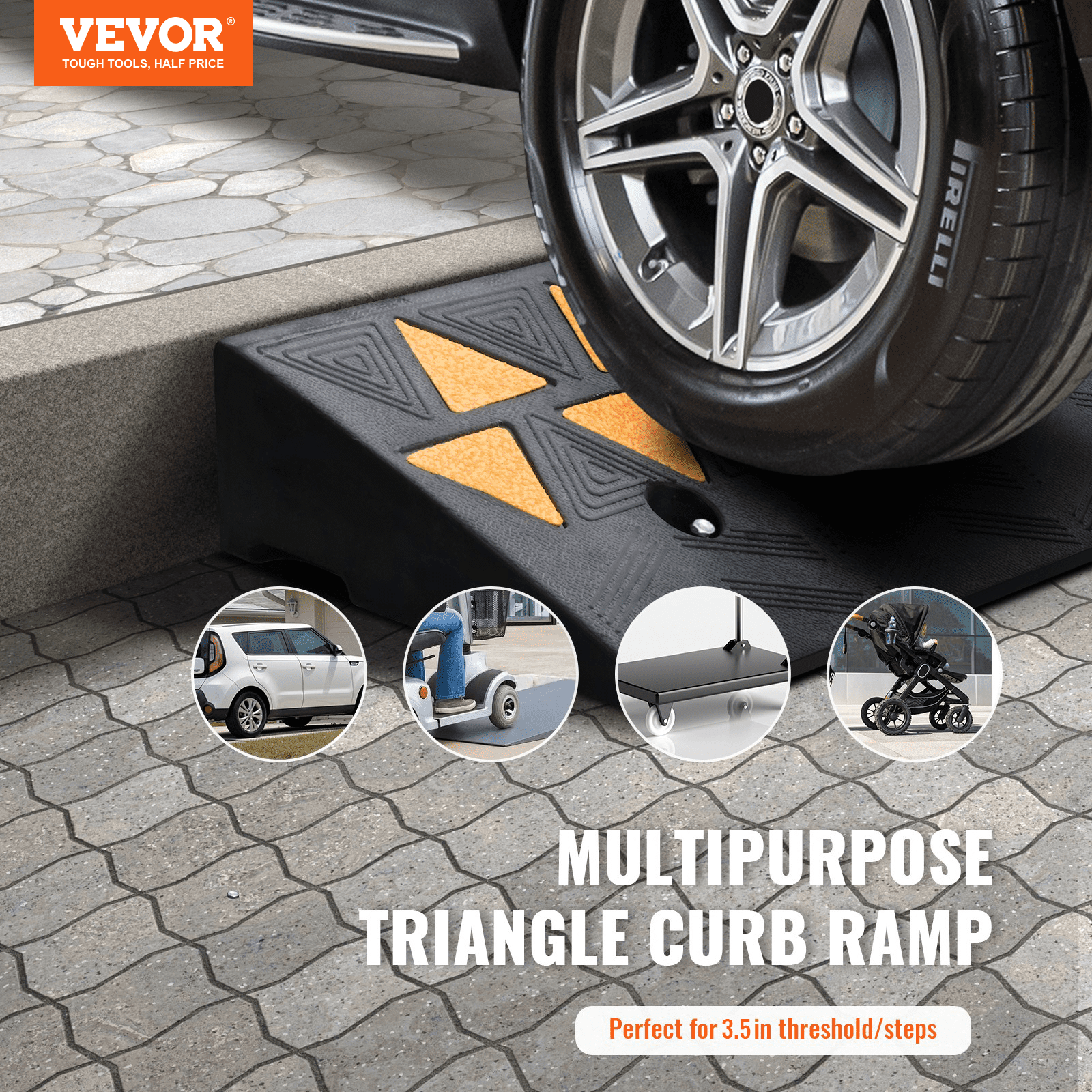 VEVOR Rubber Curb Ramp 9 cm Rise Height Sidewalk Curb Ramp, 25 cm Width 100 cm Length Driveway Ramp for Curb, 15T Heavy Duty Rubber Ramp for Forklifts, Trucks, Buses, Cars, Wheelchairs, Bikes