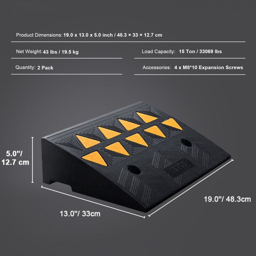 VEVOR rubber curb ramp dimensions: 19x13x5 inches, weight: 43 lbs, load capacity: 15 tons, pack of 2.