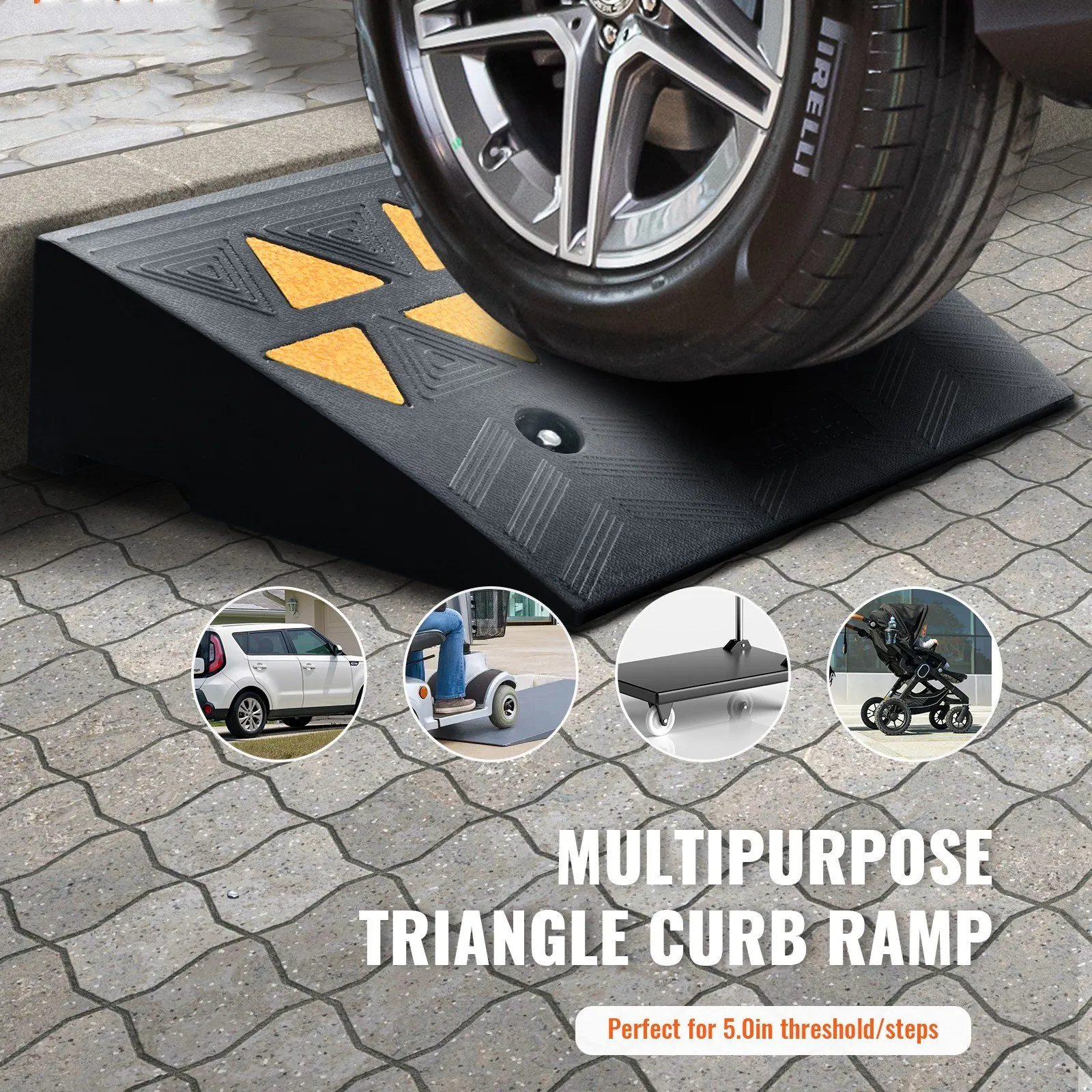 VEVOR rubber curb ramp for vehicles, scooters, carts, and strollers on a brick-paved driveway.