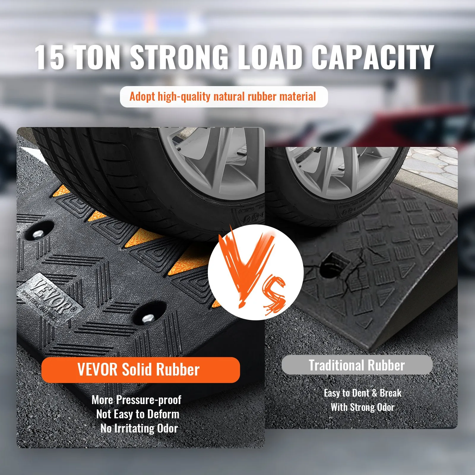 VEVOR rubber curb ramp vs traditional rubber, showcasing strong load capacity and durability.