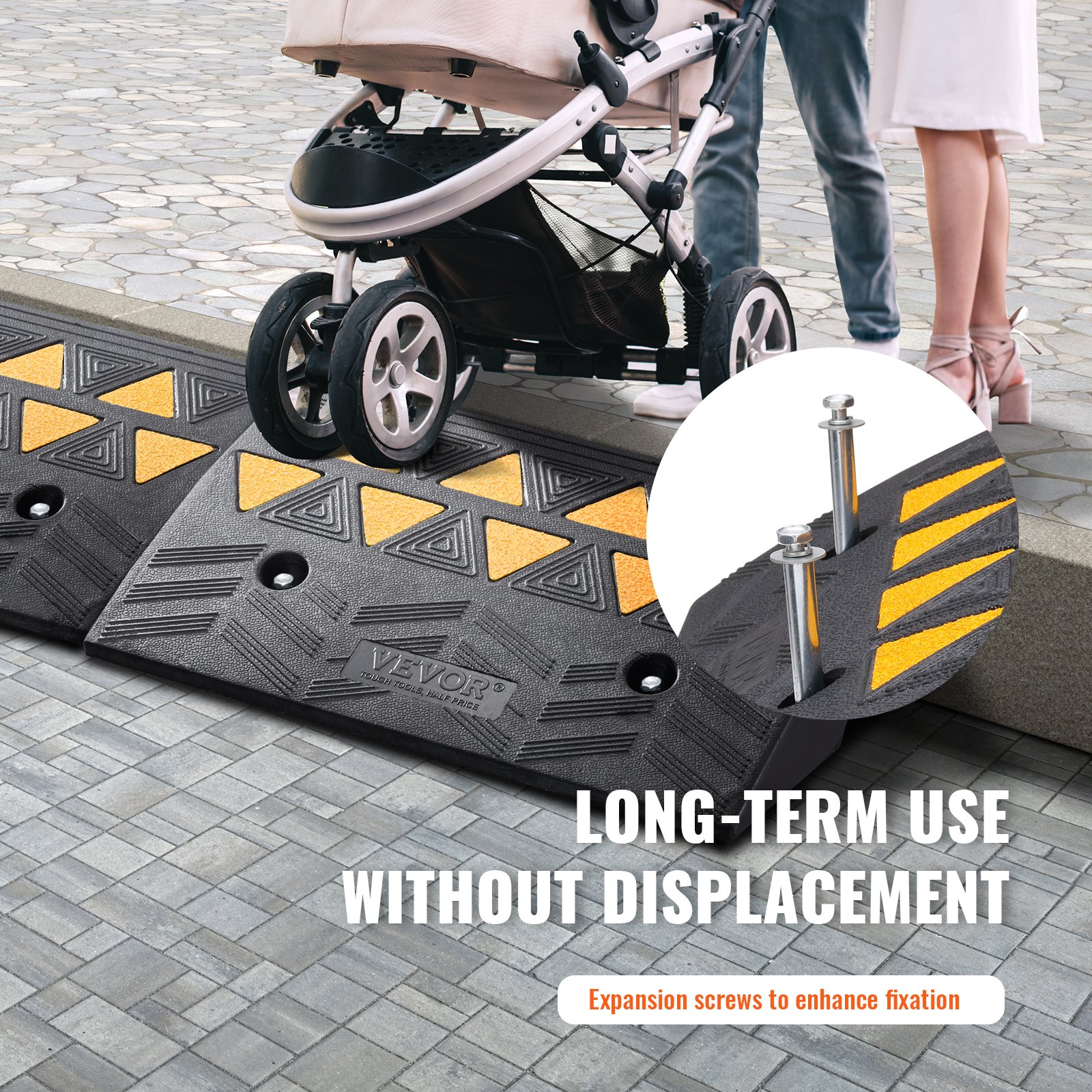 VEVOR rubber curb ramp with expansion screws; stroller on ramp, two people standing nearby.