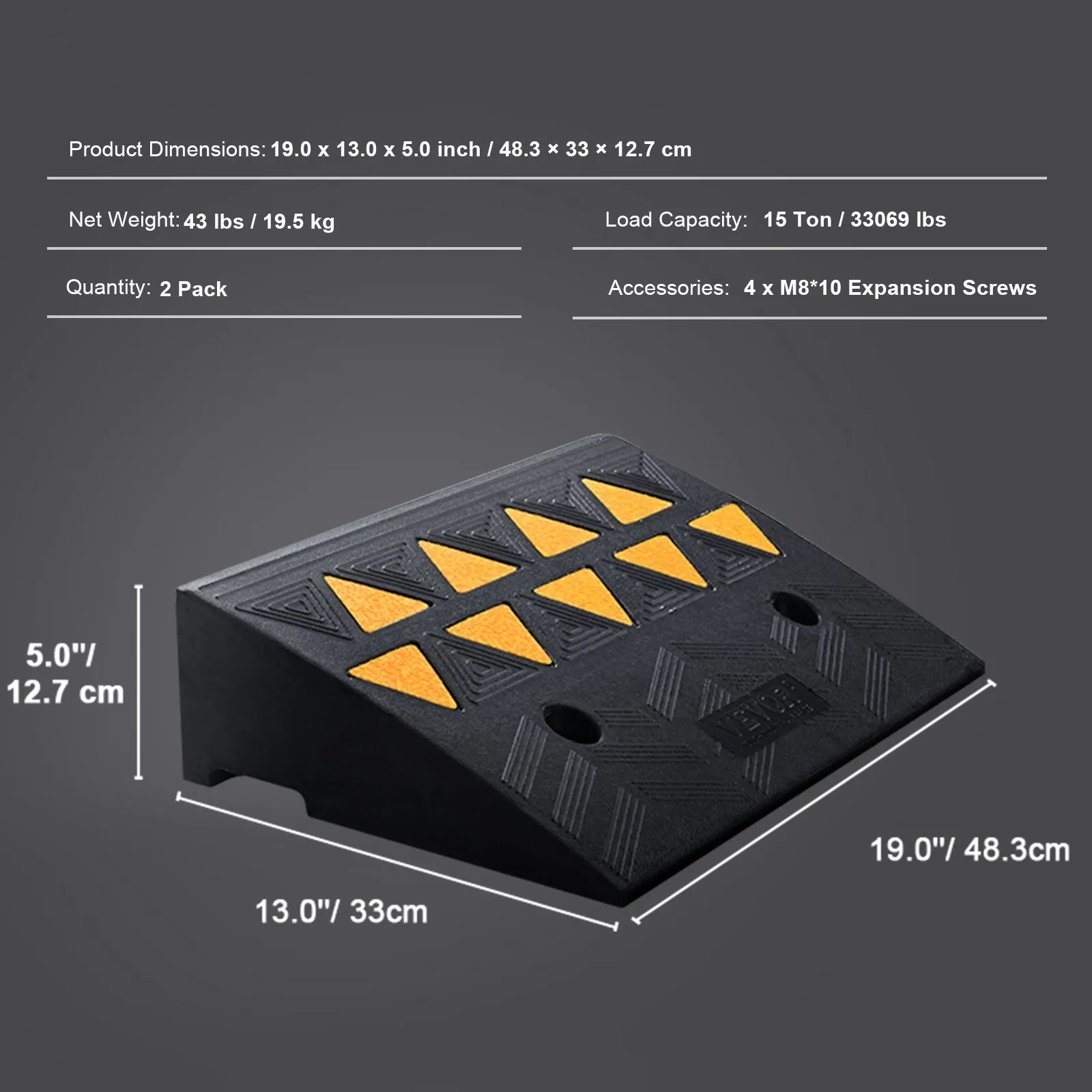 VEVOR rubber curb ramp dimensions: 19x13x5 inches, weight: 43 lbs, load capacity: 15 tons, pack of 2.