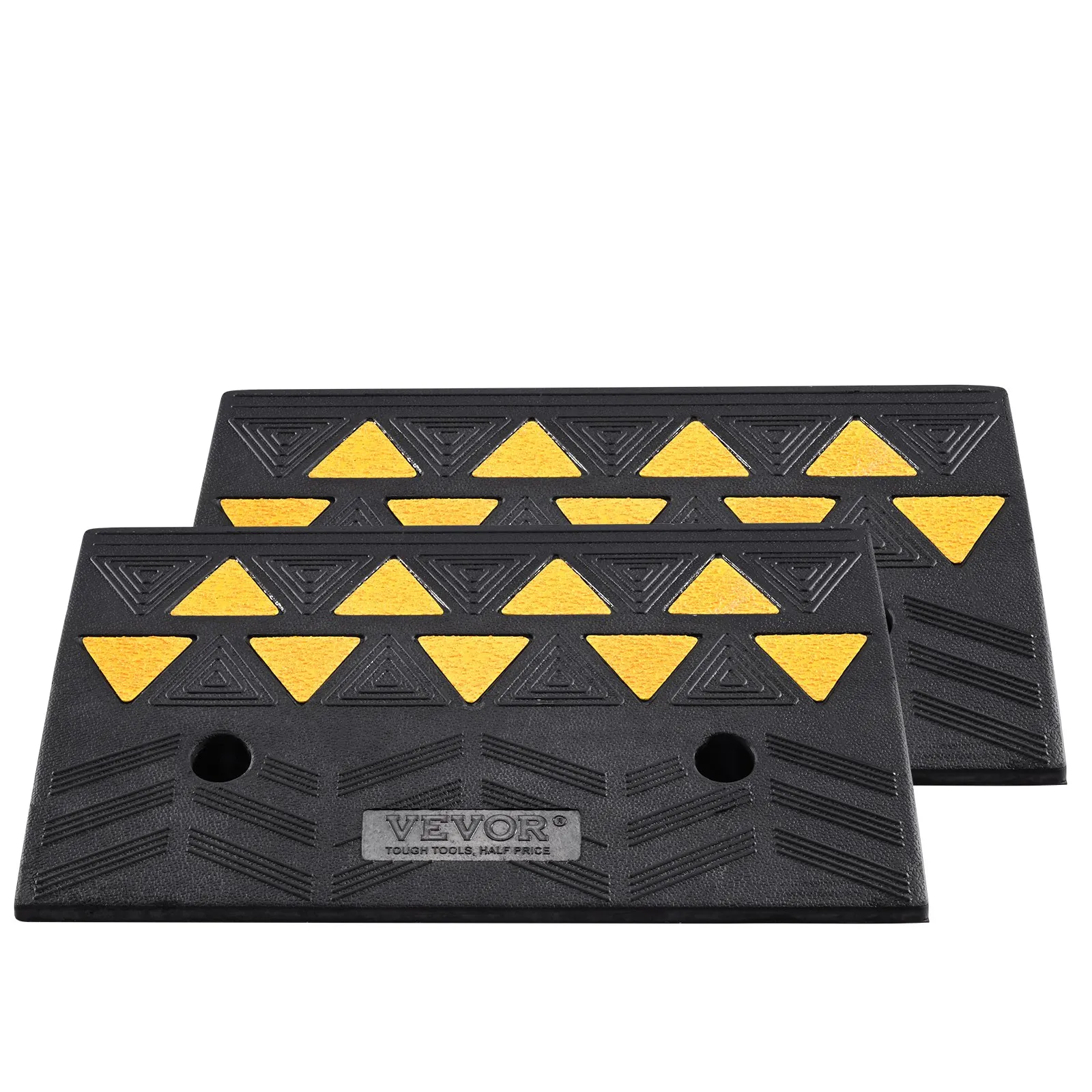 VEVOR rubber curb ramp with yellow triangle pattern, black surface, and non-slip textured design.