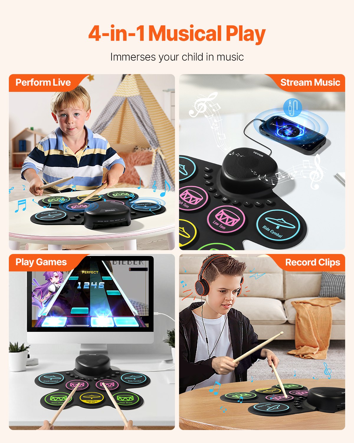 Electric Drum Set 7-Pad with Headphone Jack Pedals Speaker for Beginners & Kids