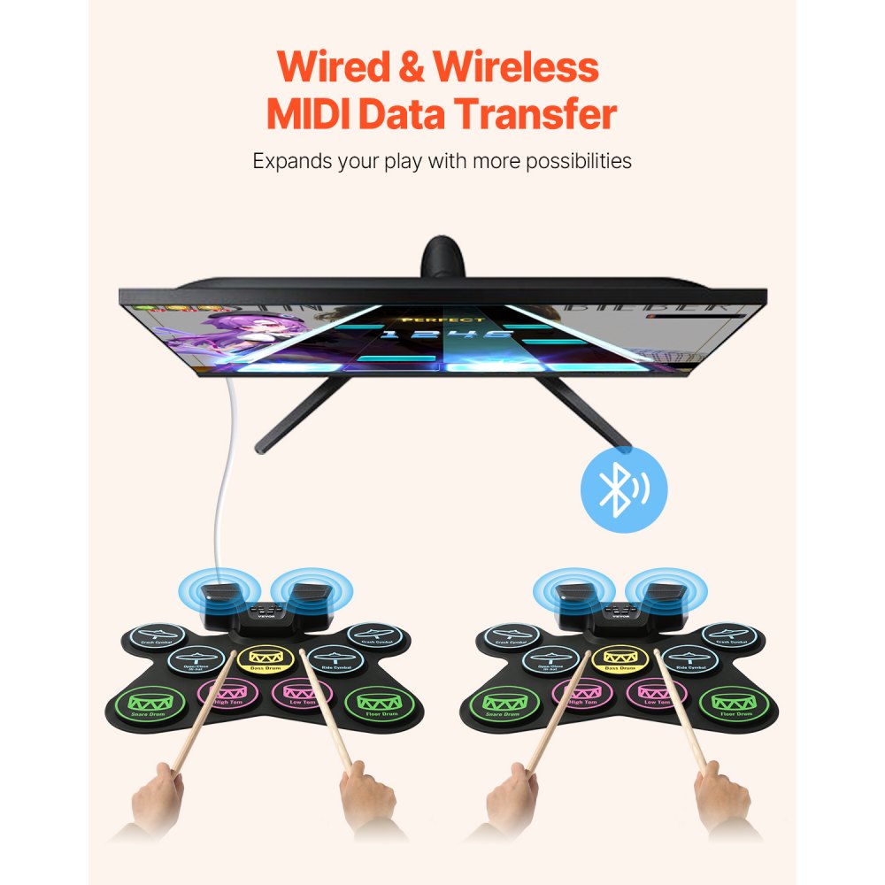 VEVOR Electric Drum Set, 9 Pads, Roll-up Drum Practice Pad, Electronic Drumset with Headphone Jack, Stand, Double Pedals, Light Up Drum Sticks, Built-in Dual Speakers, Instrument Toy for Kids Ages 5+