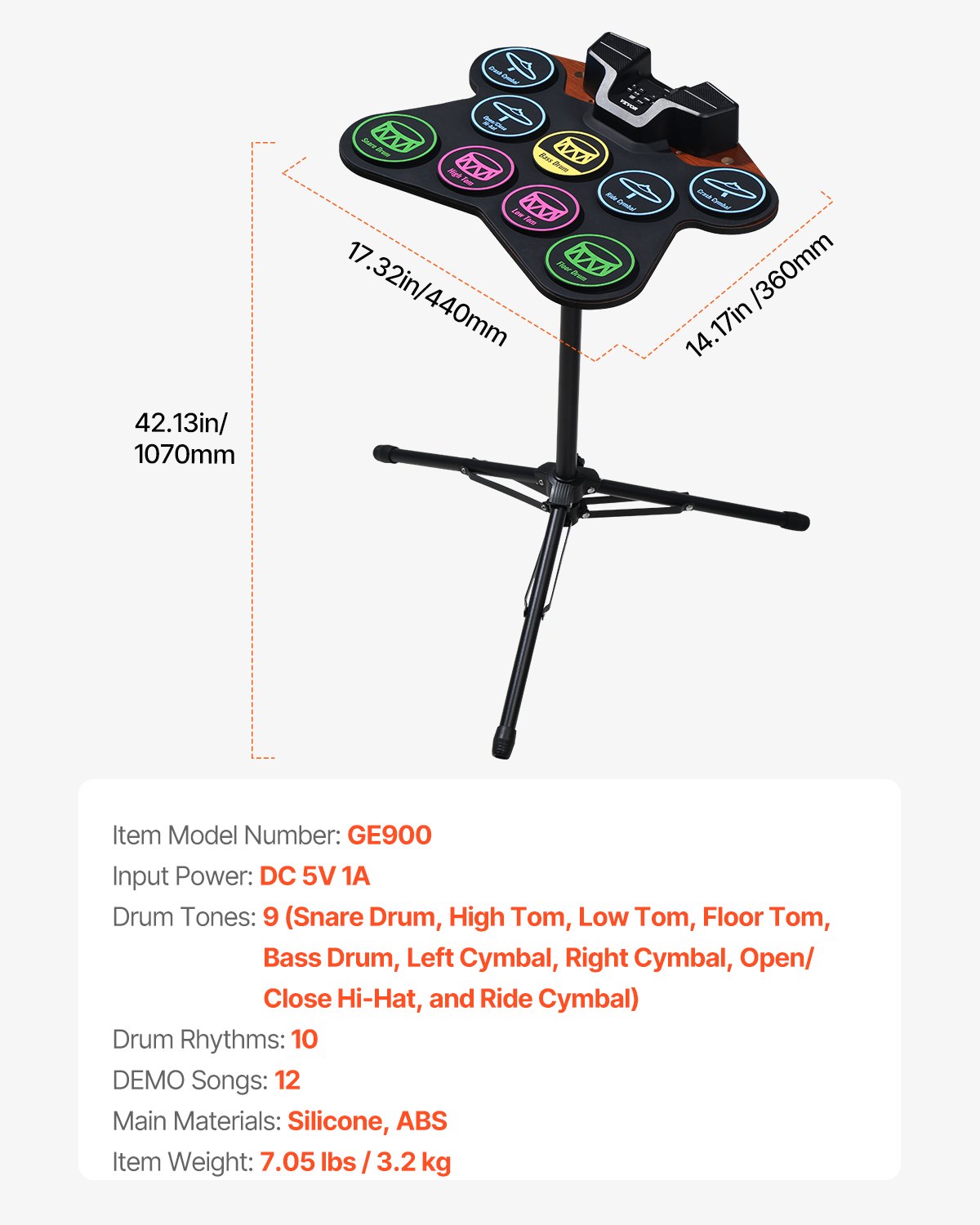 VEVOR Electric Drum Set, 9 Pads, Roll-up Drum Practice Pad, Electronic Drumset with Headphone Jack, Stand, Double Pedals, Light Up Drum Sticks, Built-in Dual Speakers, Instrument Toy for Kids Ages 5+