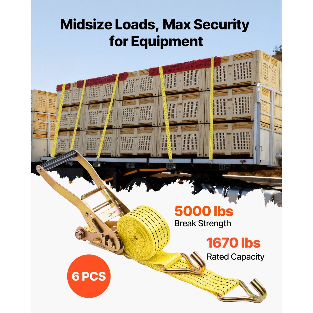 VEVOR Ratchet Straps, 50.8 mm x 4.6 m, Heavy Duty Tie Down Straps with Double J Hook, 2268 kg Break Strength, Carry Bag, Tie Down Ratcheting for Moving, Trailers, Motorcycles, Kayaks, Car Roof, 6 Pack