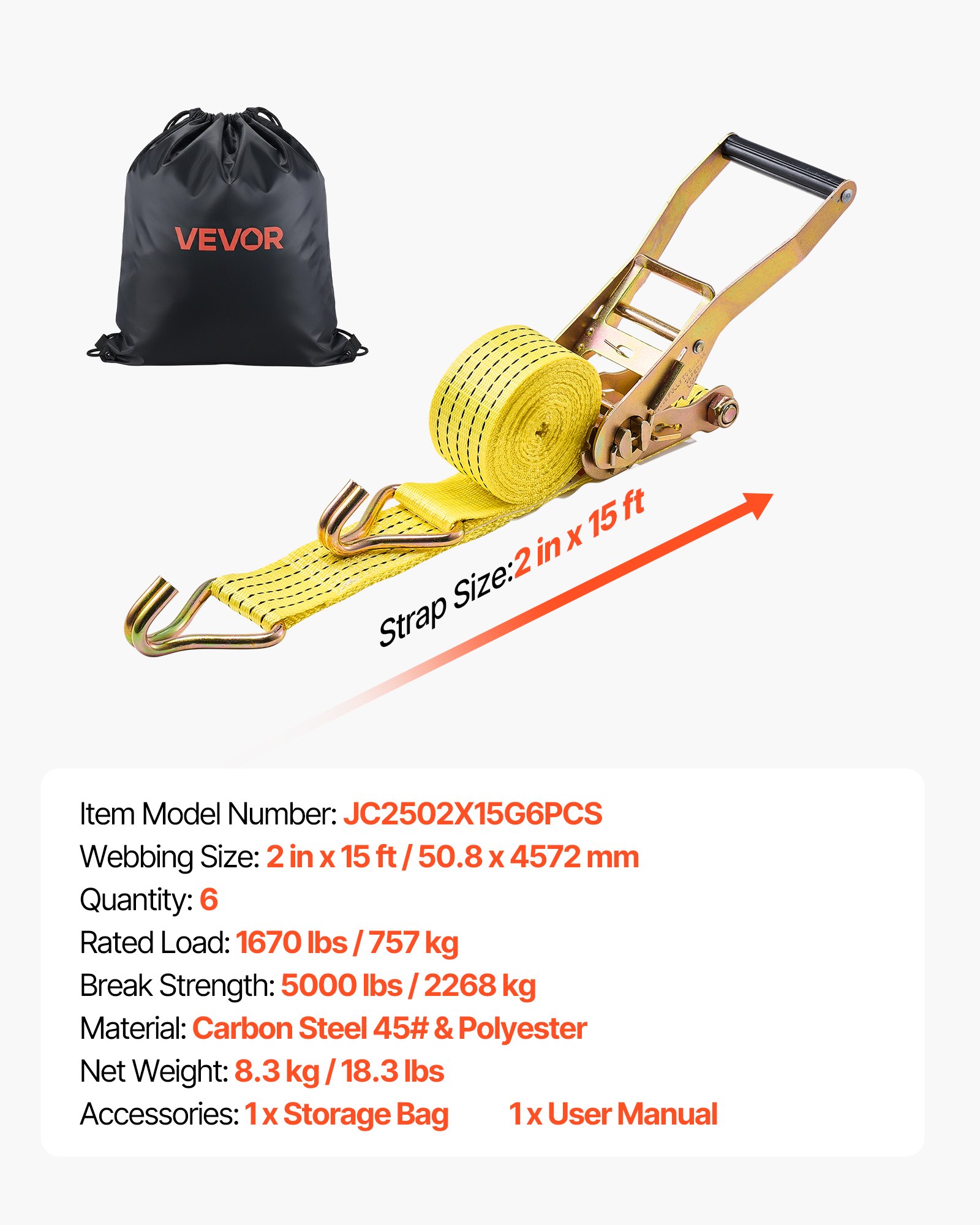VEVOR Ratchet Straps, 50.8 mm x 4.6 m, Heavy Duty Tie Down Straps with Double J Hook, 2268 kg Break Strength, Carry Bag, Tie Down Ratcheting for Moving, Trailers, Motorcycles, Kayaks, Car Roof, 6 Pack