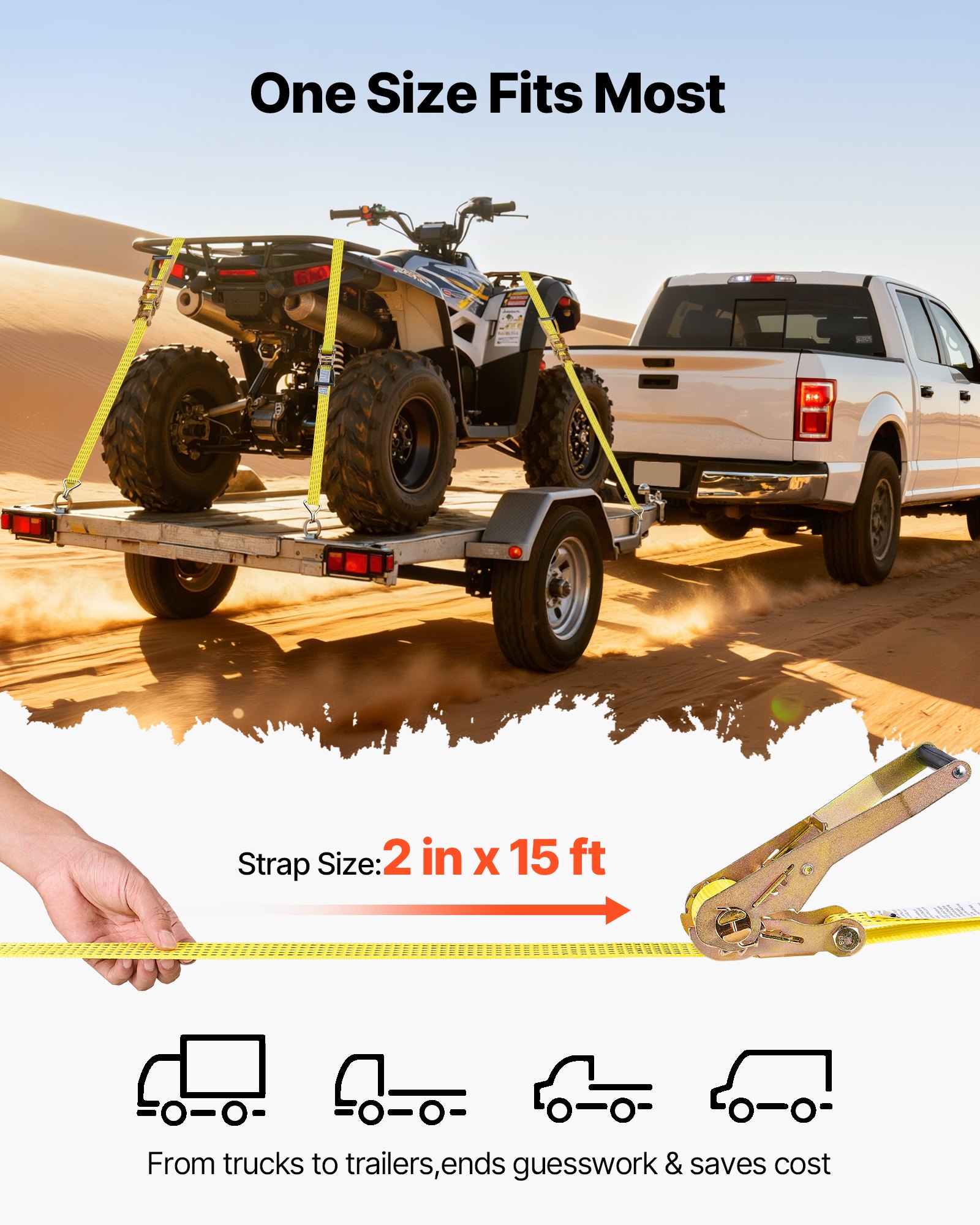 VEVOR Ratchet Straps, 50.8 mm x 4.6 m, Heavy Duty Tie Down Straps with Double J Hook, 2268 kg Break Strength, Carry Bag, Tie Down Ratcheting for Moving, Trailers, Motorcycles, Kayaks, Car Roof, 6 Pack