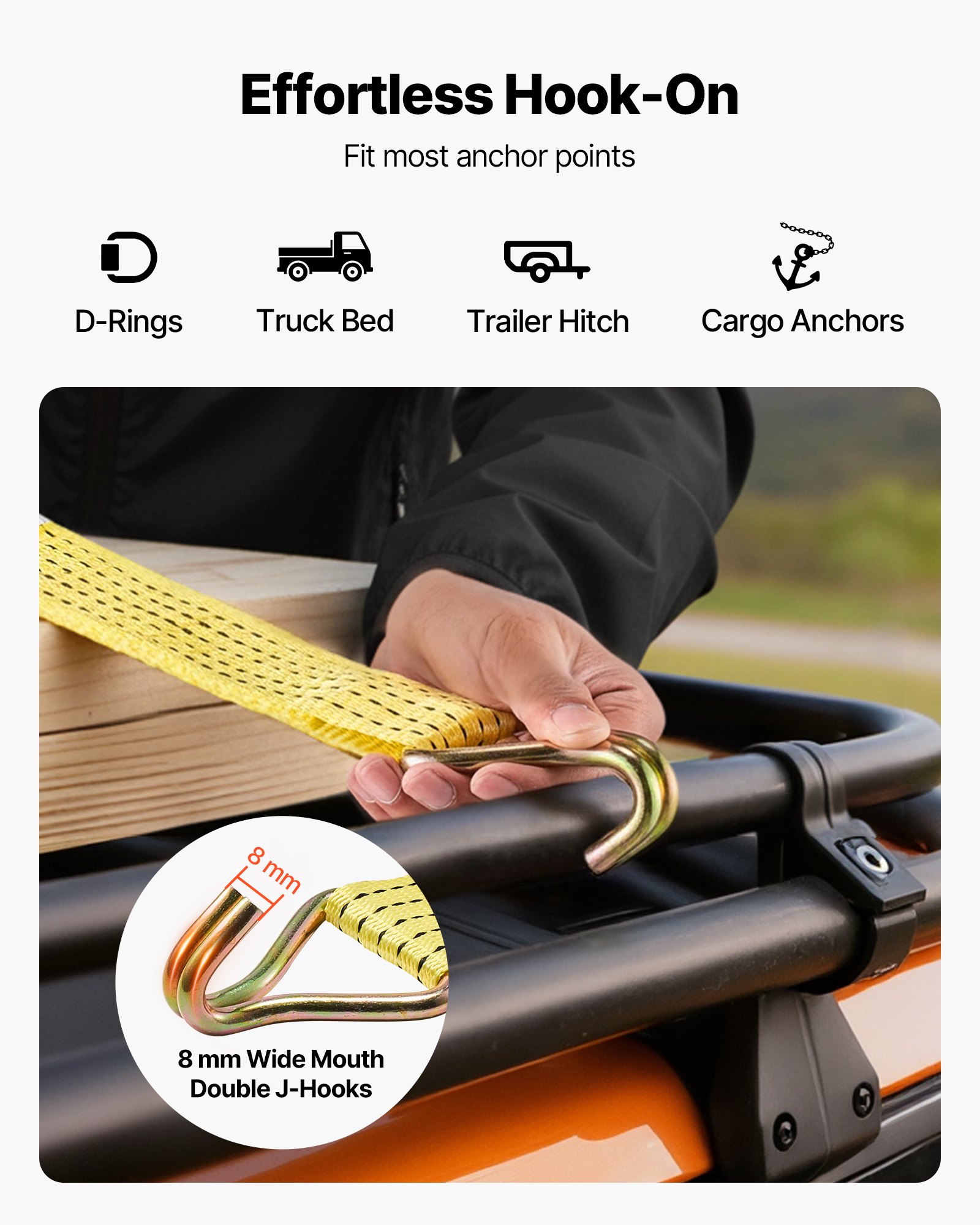 VEVOR Ratchet Straps, 50.8 mm x 4.6 m, Heavy Duty Tie Down Straps with Double J Hook, 2268 kg Break Strength, Carry Bag, Tie Down Ratcheting for Moving, Trailers, Motorcycles, Kayaks, Car Roof, 6 Pack