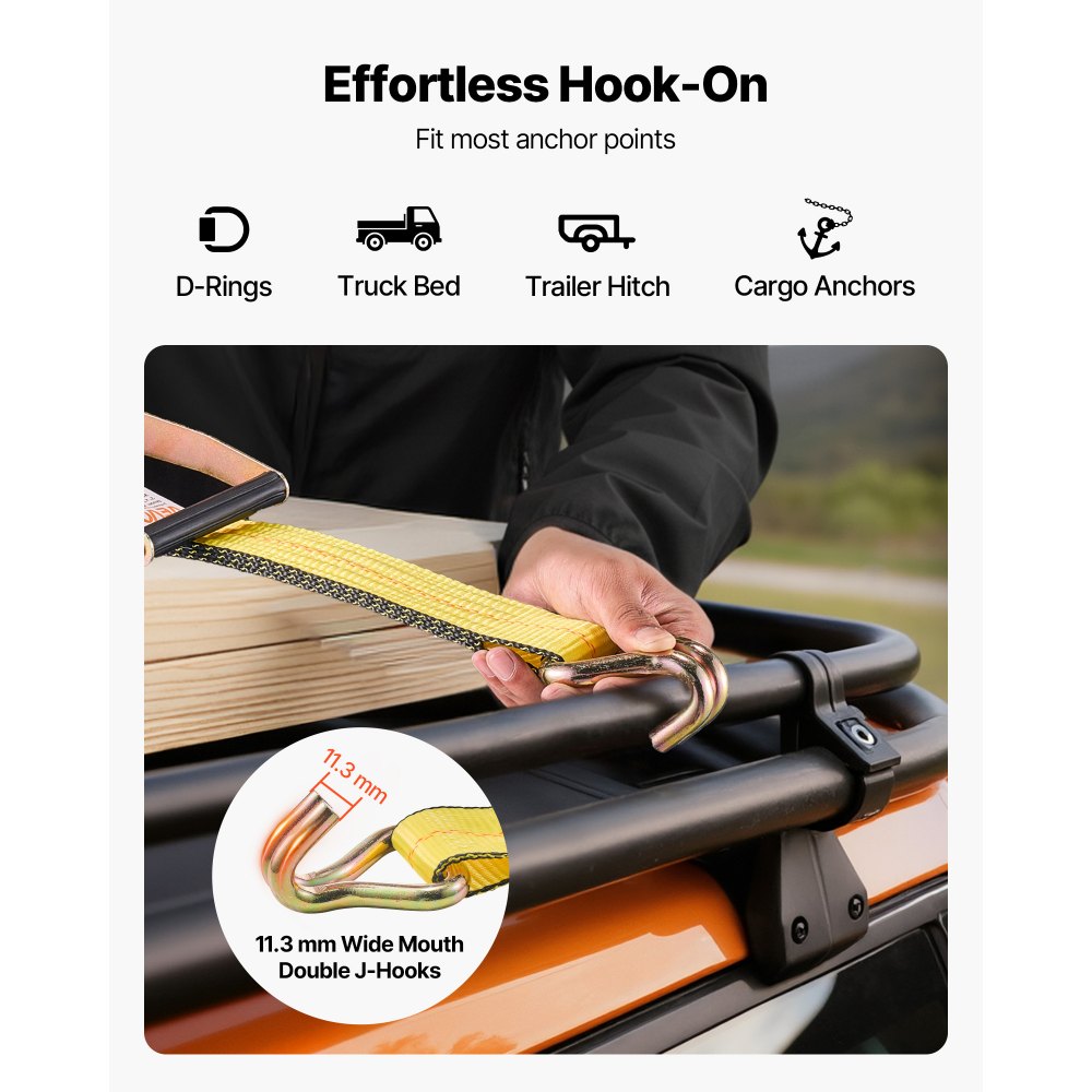 VEVOR Ratchet Straps, 50.8 mm x 9.1 m, Heavy Duty Tie Down Straps with Double J Hook, 4536 kg Break Strength, Carry Bag, Tie Down Ratcheting for Moving, Trailers, Motorcycles, Kayaks, Car Roof, 4 Pack