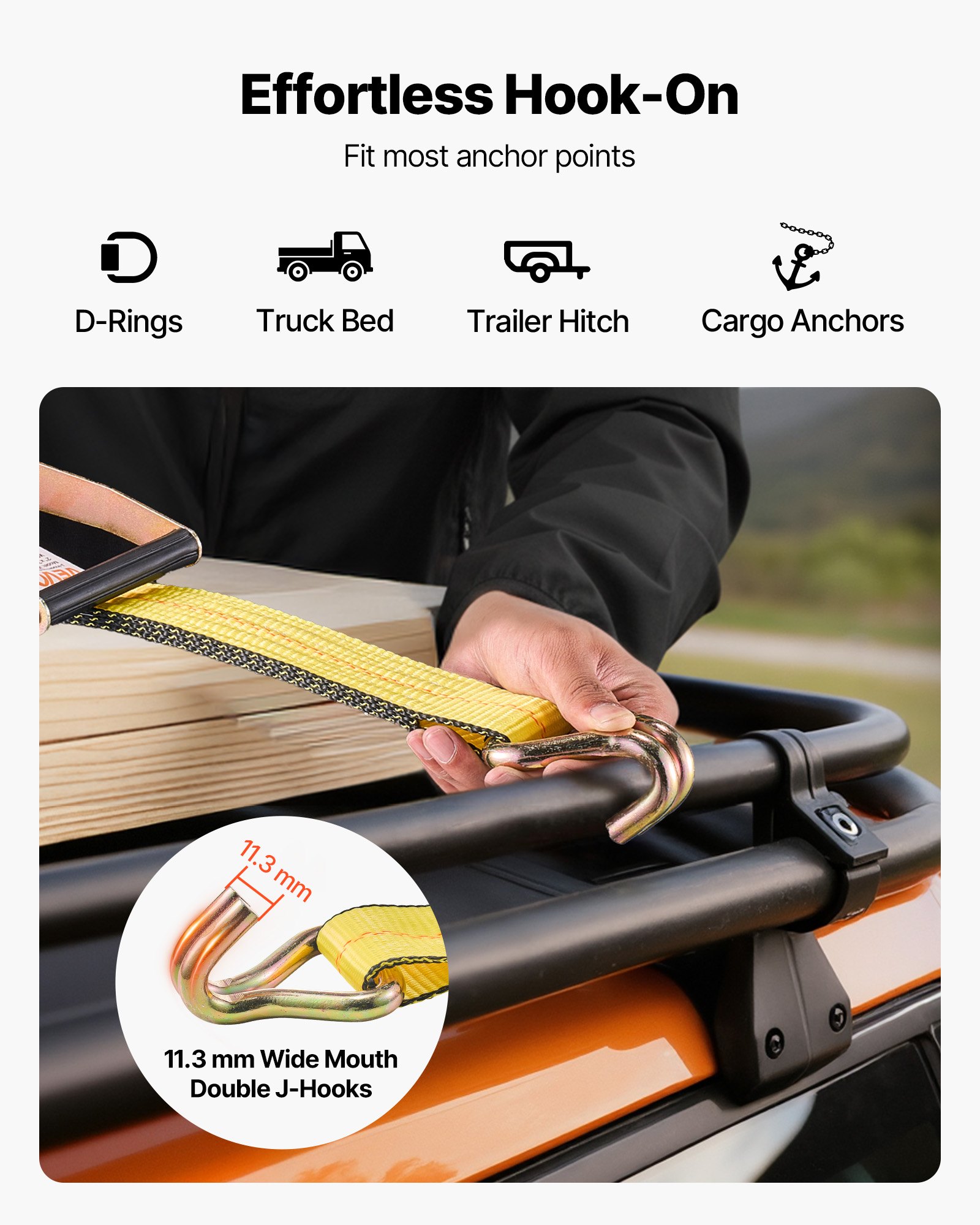 VEVOR Ratchet Straps, 50.8 mm x 9.1 m, Heavy Duty Tie Down Straps with Double J Hook, 4536 kg Break Strength, Carry Bag, Tie Down Ratcheting for Moving, Trailers, Motorcycles, Kayaks, Car Roof, 4 Pack