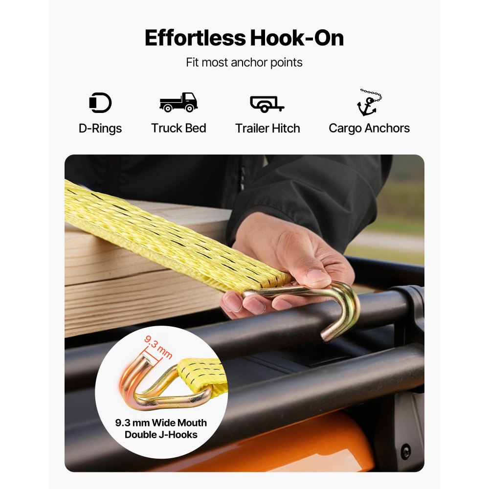 VEVOR Ratchet Straps, 38.1 mm x 3 m, Heavy Duty Tie Down Straps with Double J Hook, 3000 kg Break Strength, Carry Bag, Tie Down Ratcheting for Moving, Trailers, Motorcycles, Kayaks, Car Roof, 4 Pack