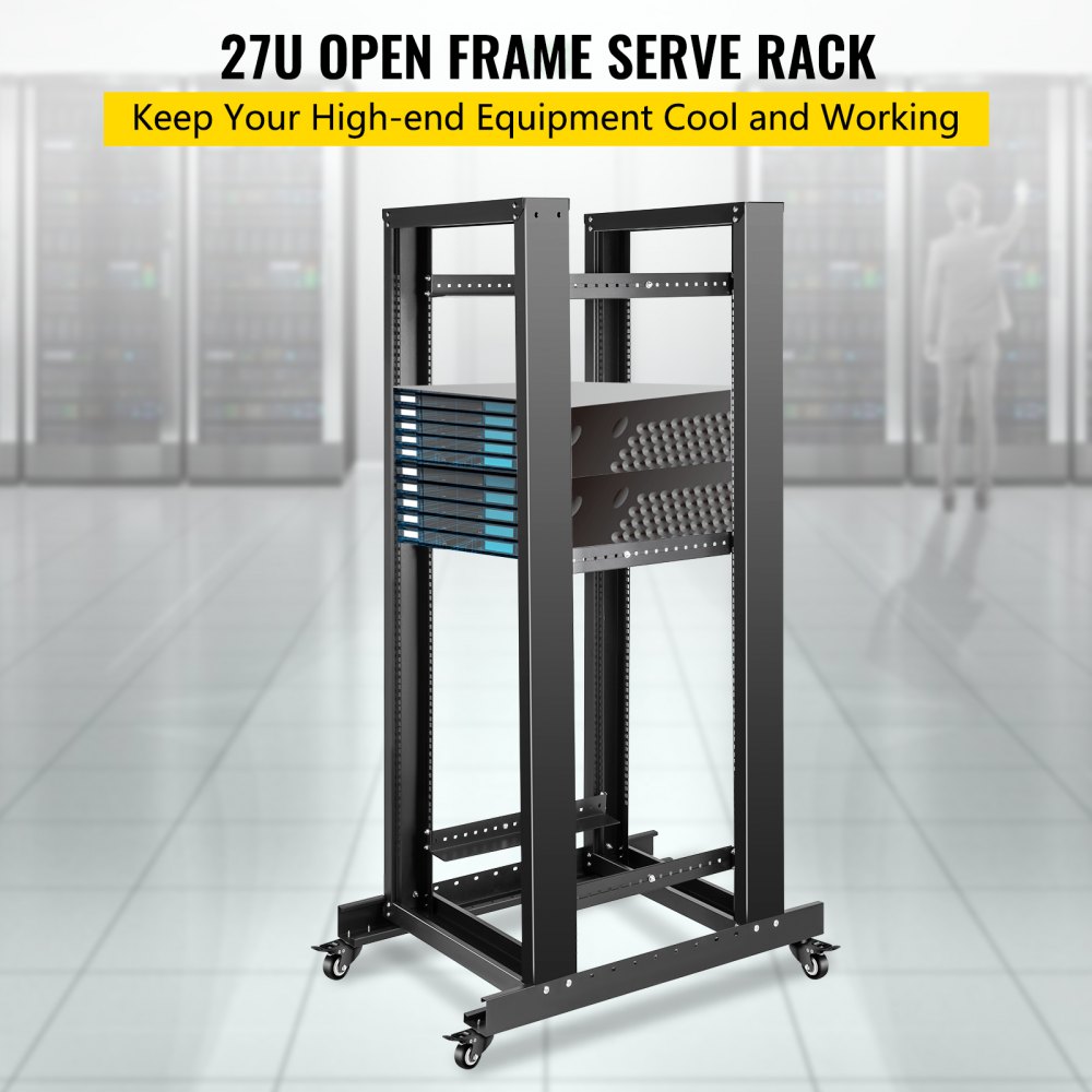VEVOR Server Rack, 27U Open Frame Rack, 4-Post IT Server Relay Rack, 19" Server/Audio Network Equipment Rack Cold Rolled Steel, 23.5" Deep Heavy Duty Rack w/Casters, Holds Network Servers & AV Gear