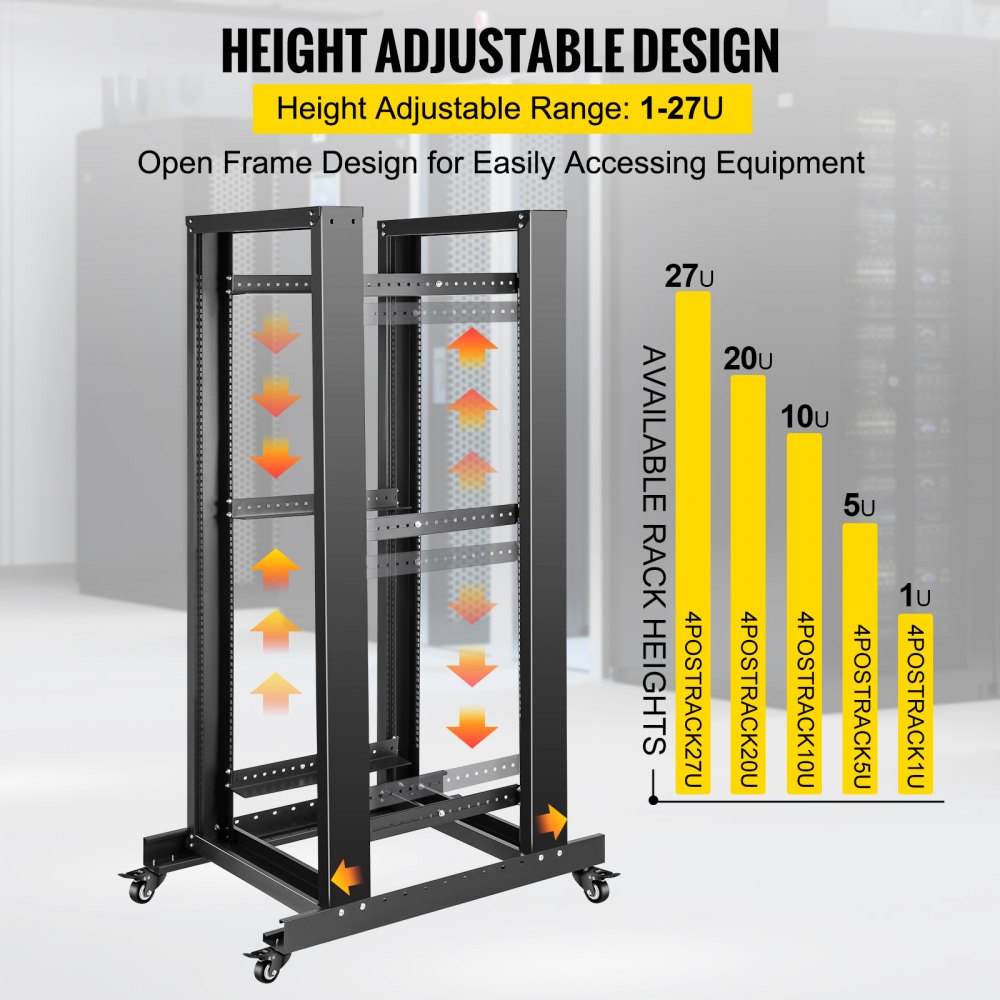 VEVOR Server Rack, 27U Open Frame Rack, 4-Post IT Server Relay Rack, 19" Server/Audio Network Equipment Rack Cold Rolled Steel, 23.5" Deep Heavy Duty Rack w/Casters, Holds Network Servers & AV Gear
