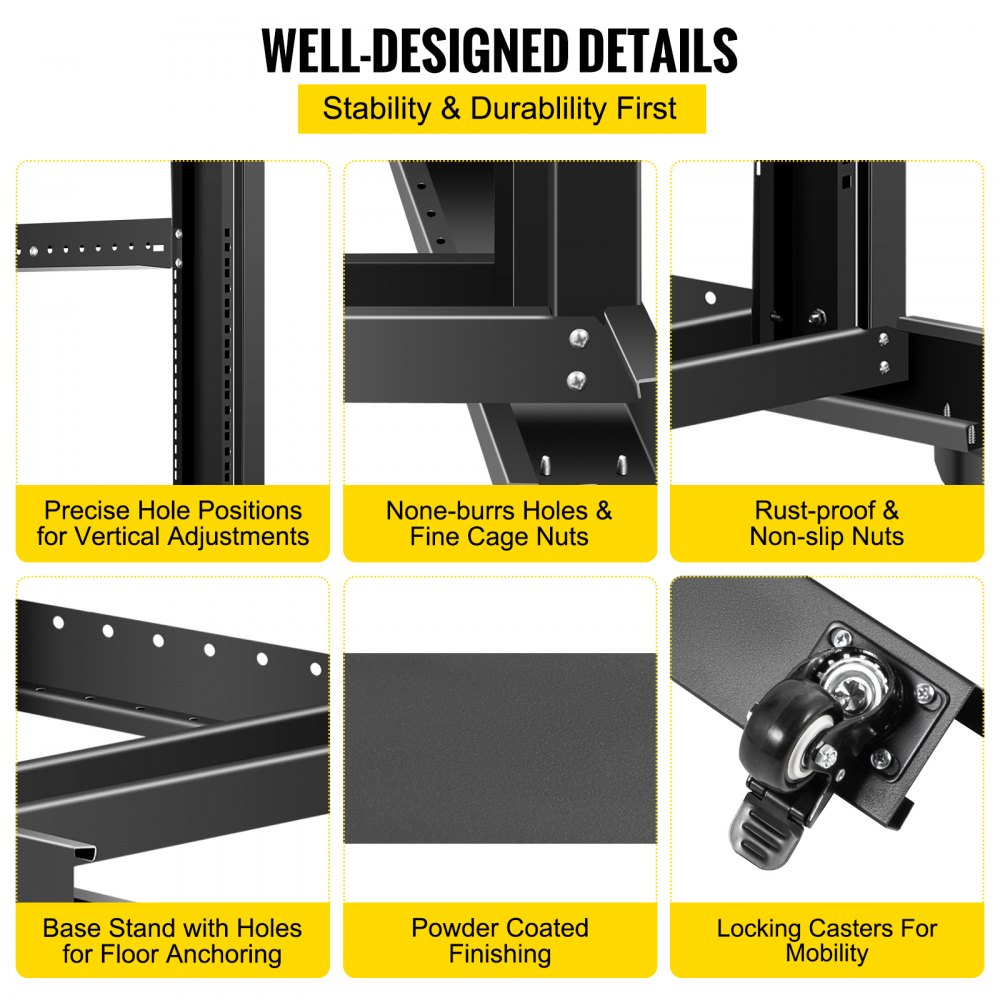 VEVOR Server Rack, 27U Open Frame Rack, 4-Post IT Server Relay Rack, 19" Server/Audio Network Equipment Rack Cold Rolled Steel, 23.5" Deep Heavy Duty Rack w/Casters, Holds Network Servers & AV Gear