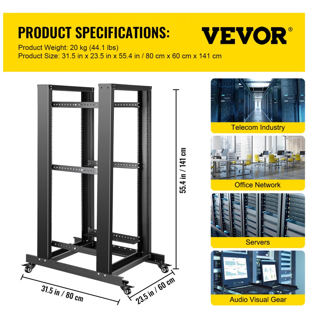 VEVOR Server Rack, 27U Open Frame Rack, 4-Post IT Server Relay Rack, 19" Server/Audio Network Equipment Rack Cold Rolled Steel, 23.5" Deep Heavy Duty Rack w/Casters, Holds Network Servers & AV Gear