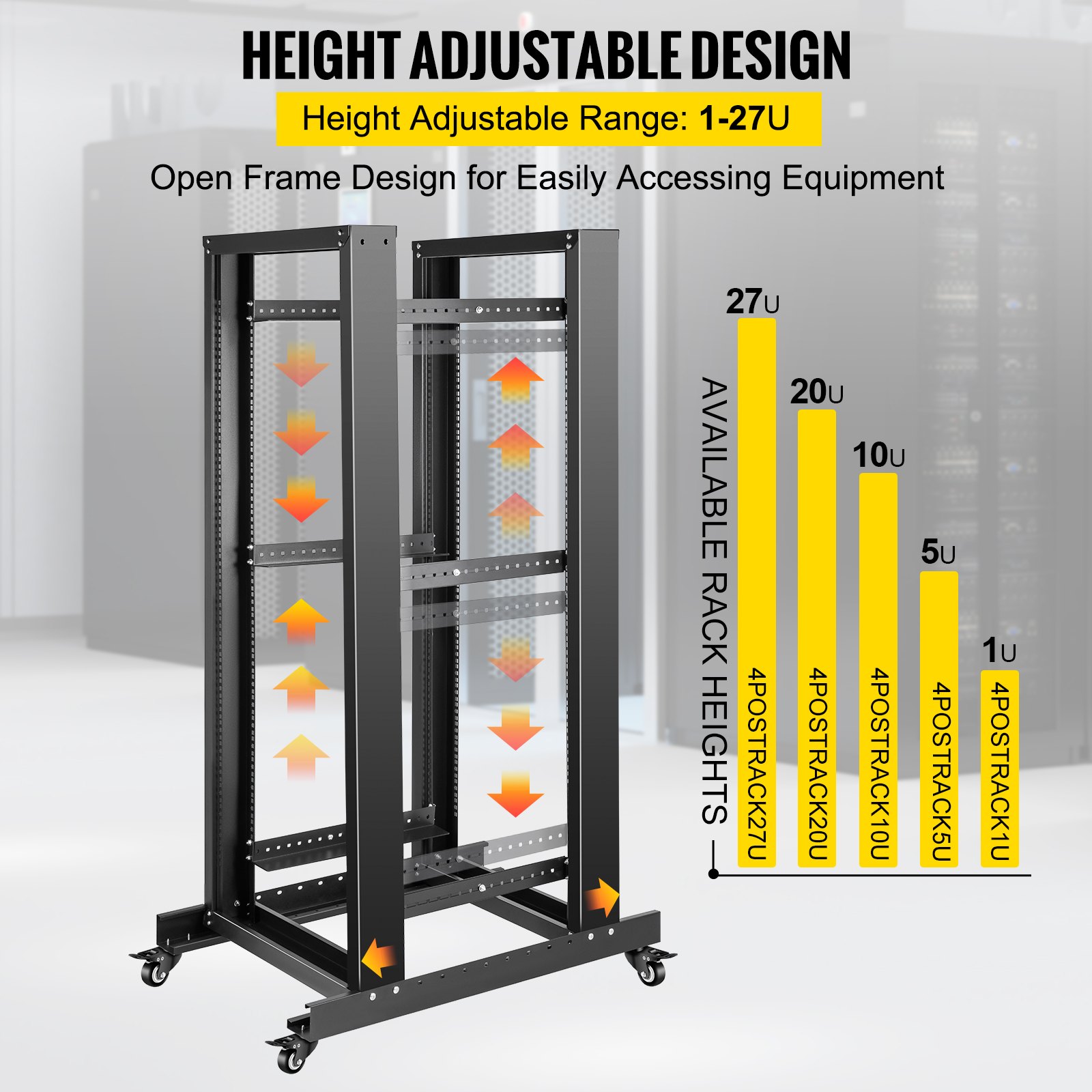 VEVOR Server Rack, 27U Open Frame Rack, 4-Post IT Server Relay Rack, 19" Server/Audio Network Equipment Rack Cold Rolled Steel, 23.5" Deep Heavy Duty Rack w/Casters, Holds Network Servers & AV Gear